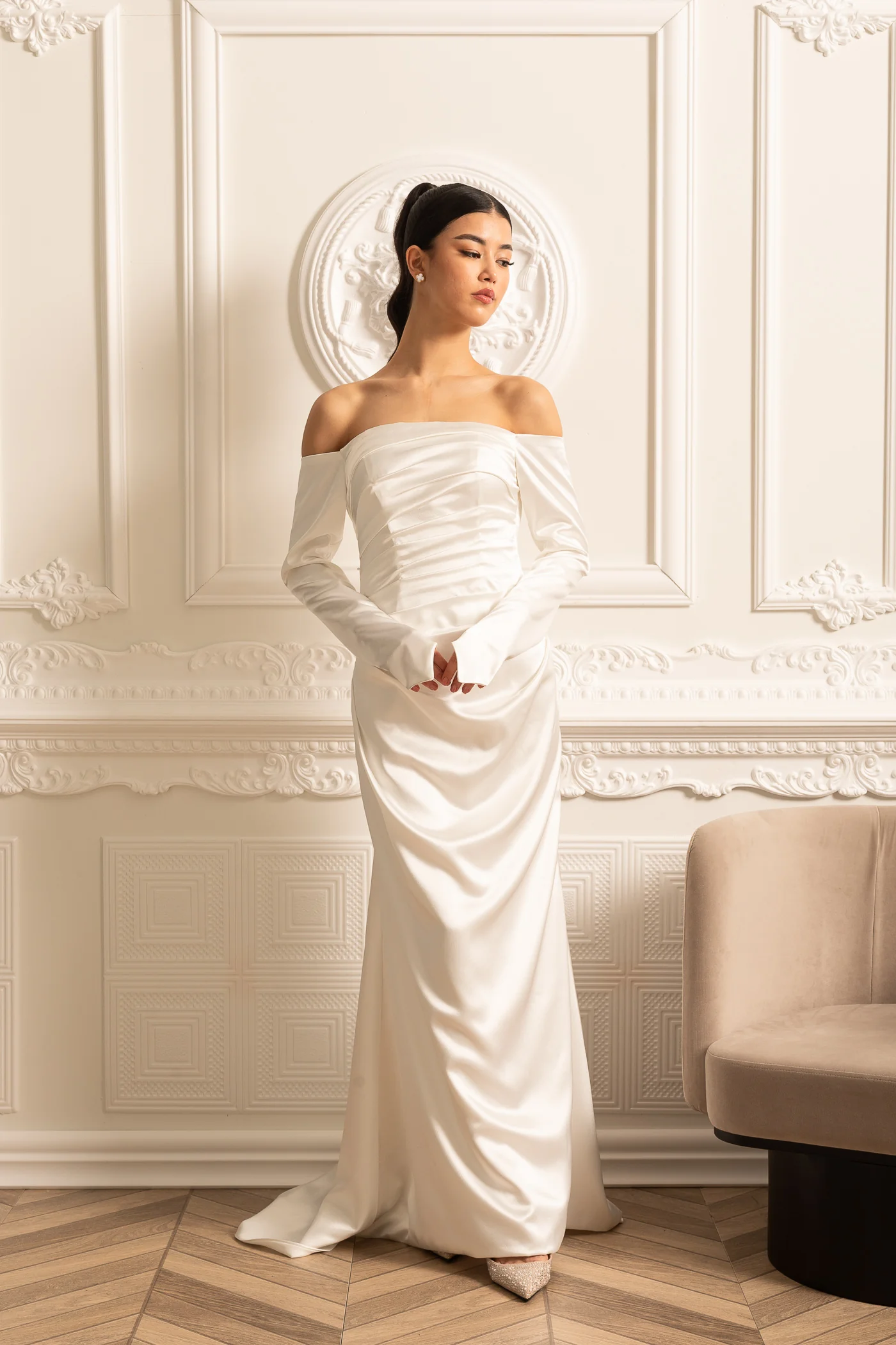 Off-Shoulder Satin Dress With Ruched Design And Draping Skirt - White - Image 12