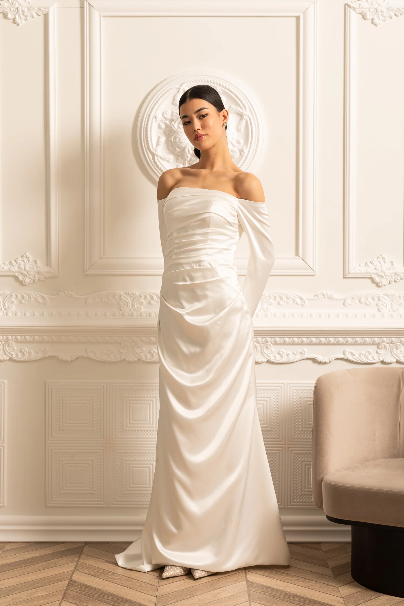Off-Shoulder Satin Dress With Ruched Design And Draping Skirt - White - Image 13