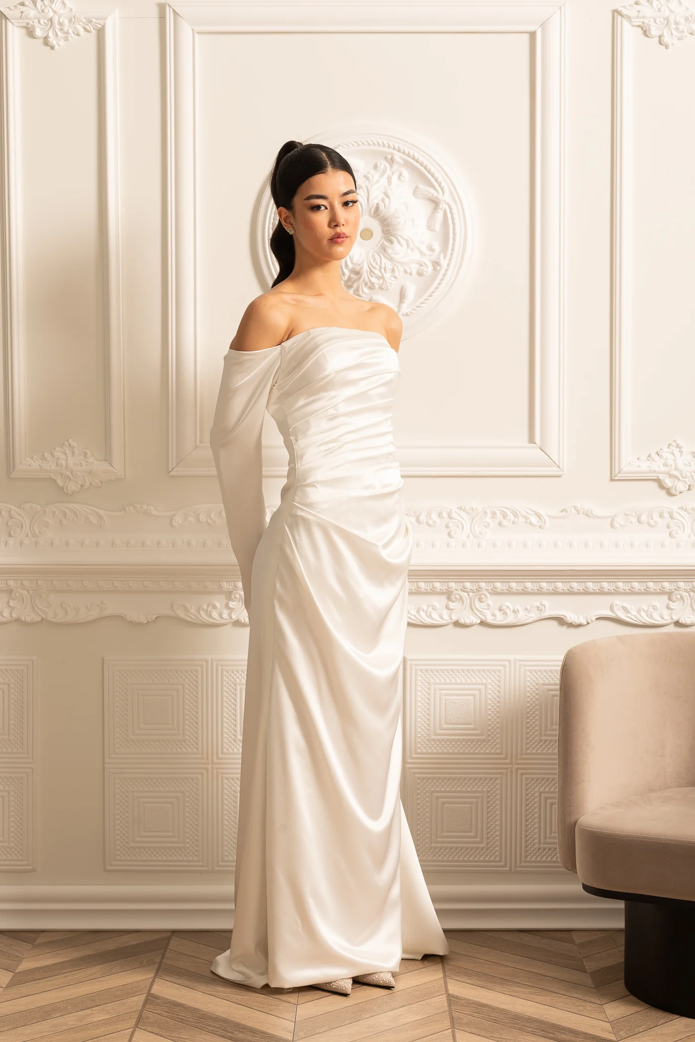 Off-Shoulder Satin Dress With Ruched Design And Draping Skirt - White - Image 14