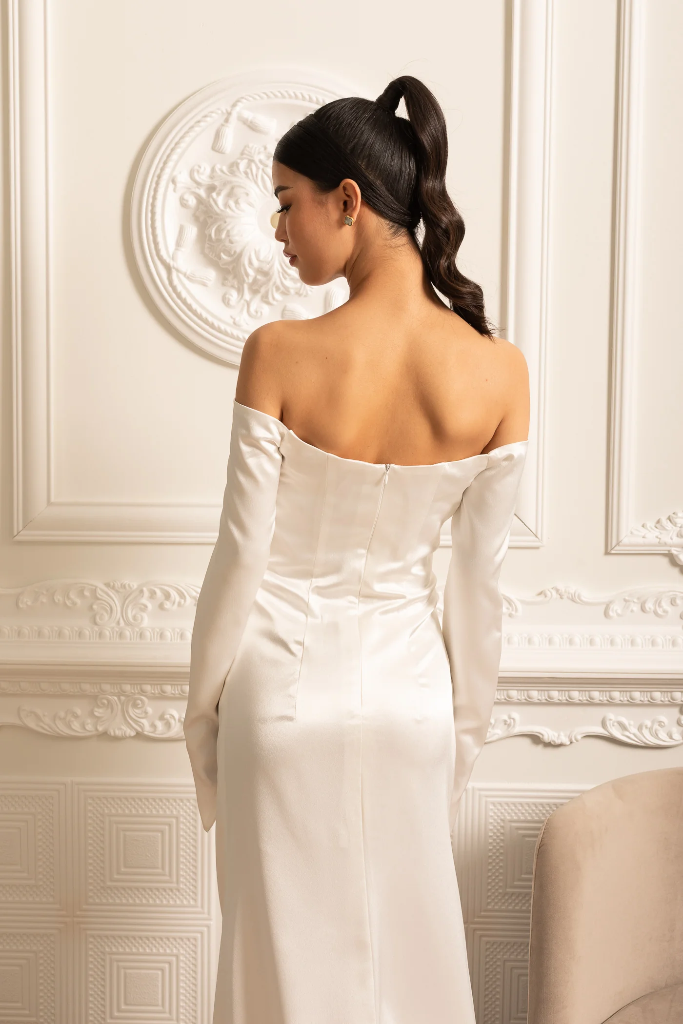 Off-Shoulder Satin Dress With Ruched Design And Draping Skirt - White - Image 15