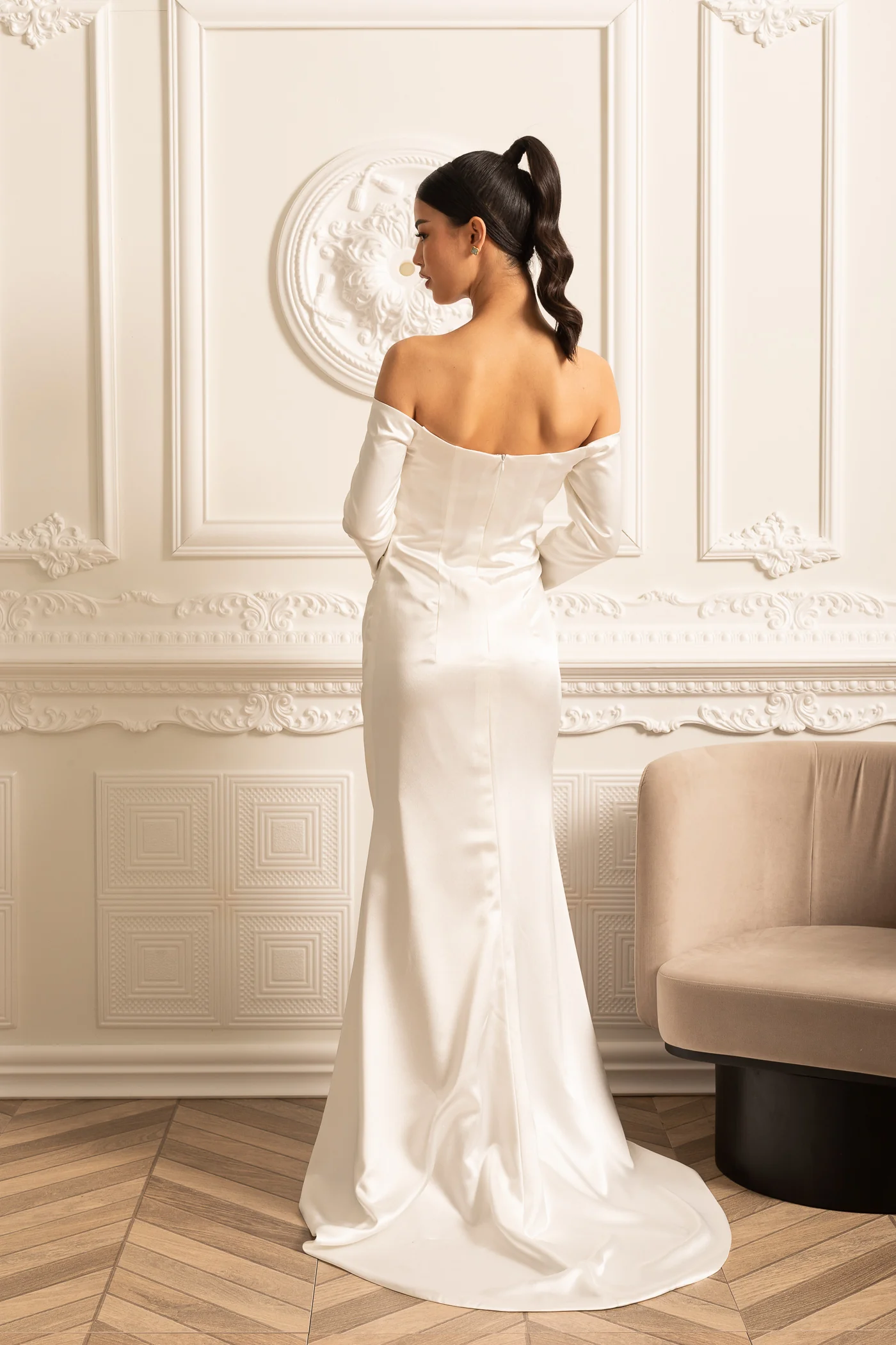 Off-Shoulder Satin Dress With Ruched Design And Draping Skirt - White - Image 3