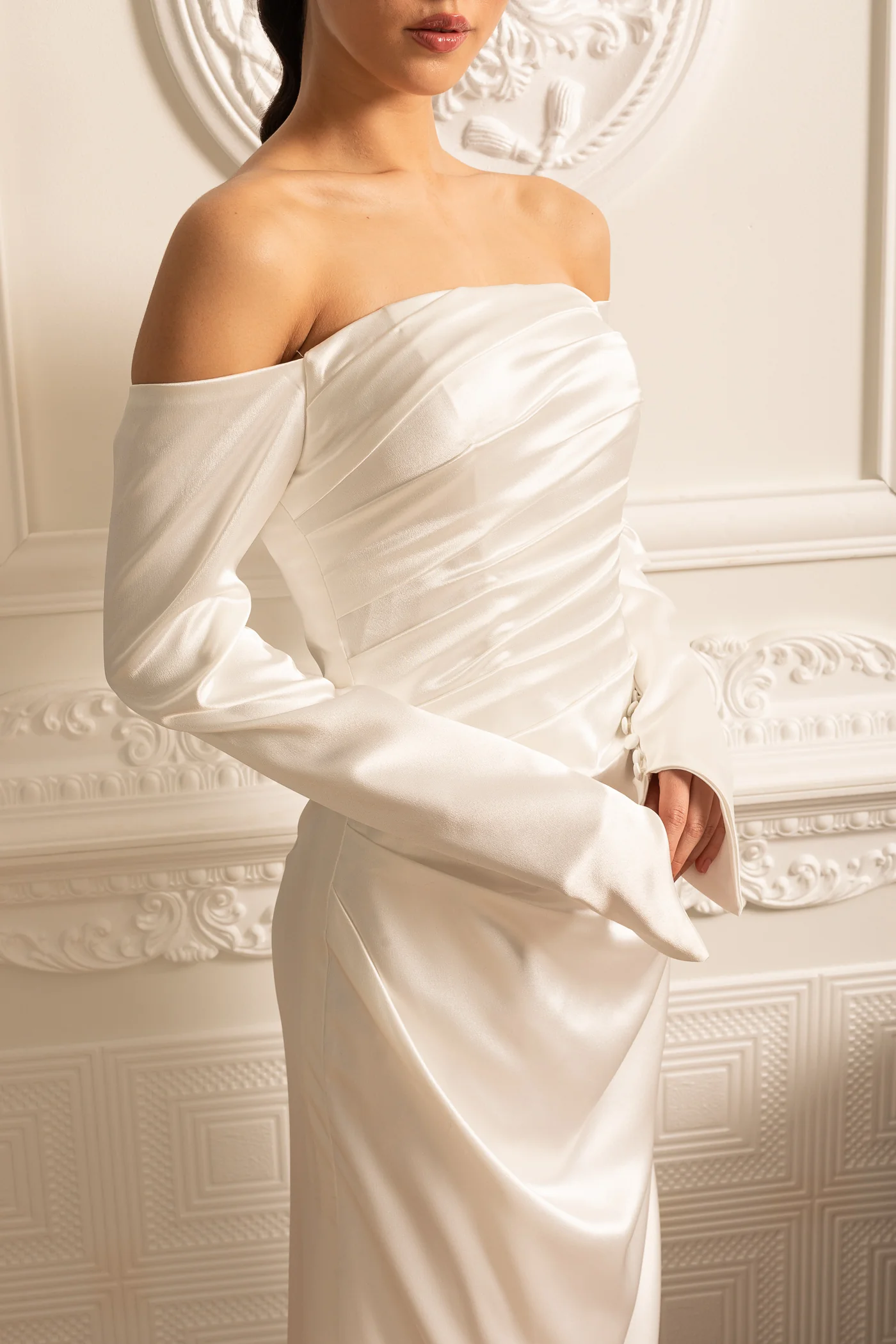 Off-Shoulder Satin Dress With Ruched Design And Draping Skirt - White - Image 4