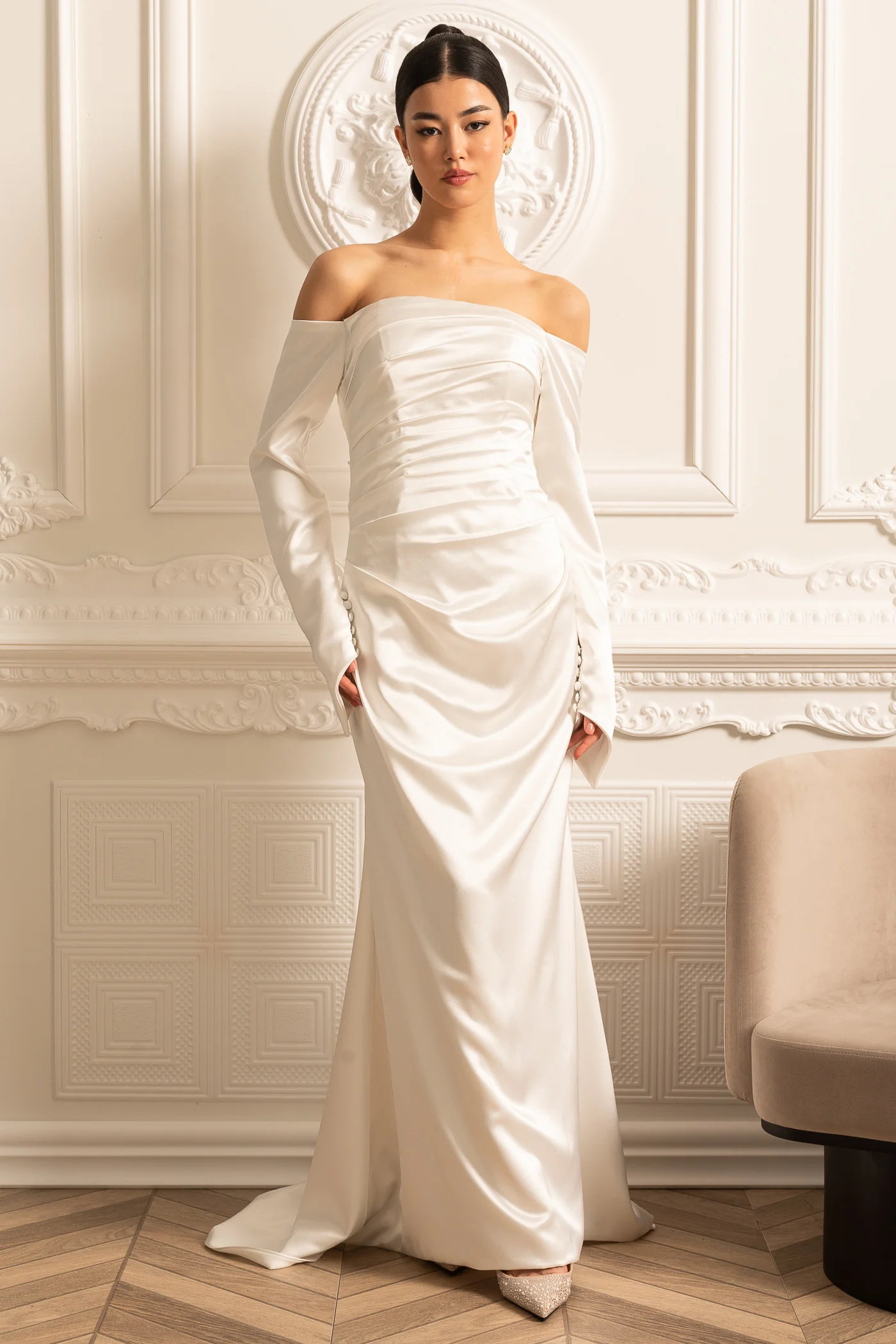 Off-Shoulder Satin Dress With Ruched Design And Draping Skirt - White - Image 5