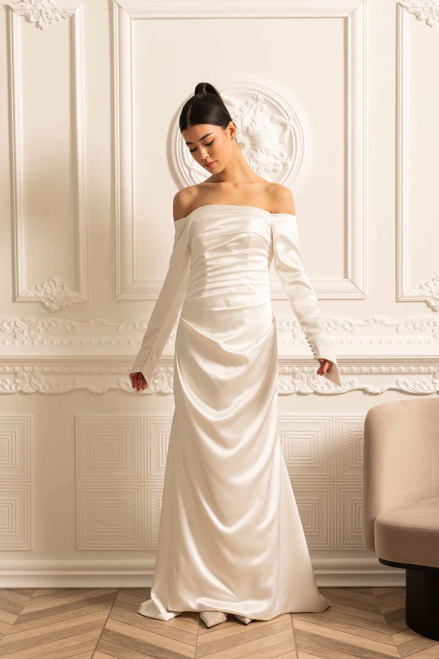 Off-Shoulder Satin Dress With Ruched Design And Draping Skirt - White - Image 6