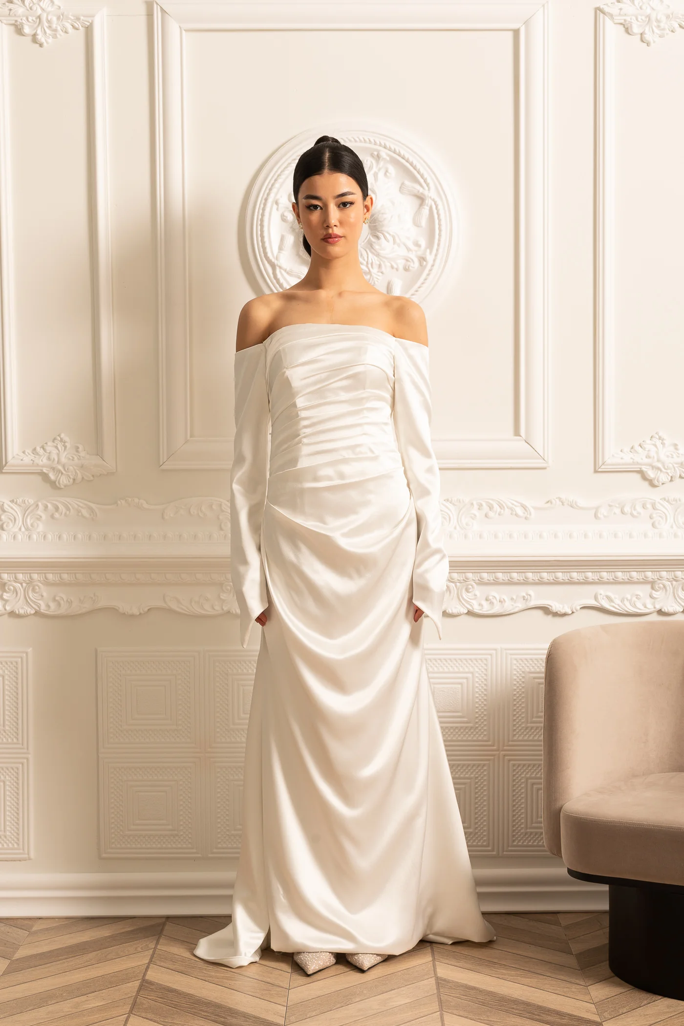 Off-Shoulder Satin Dress With Ruched Design And Draping Skirt - White - Image 7