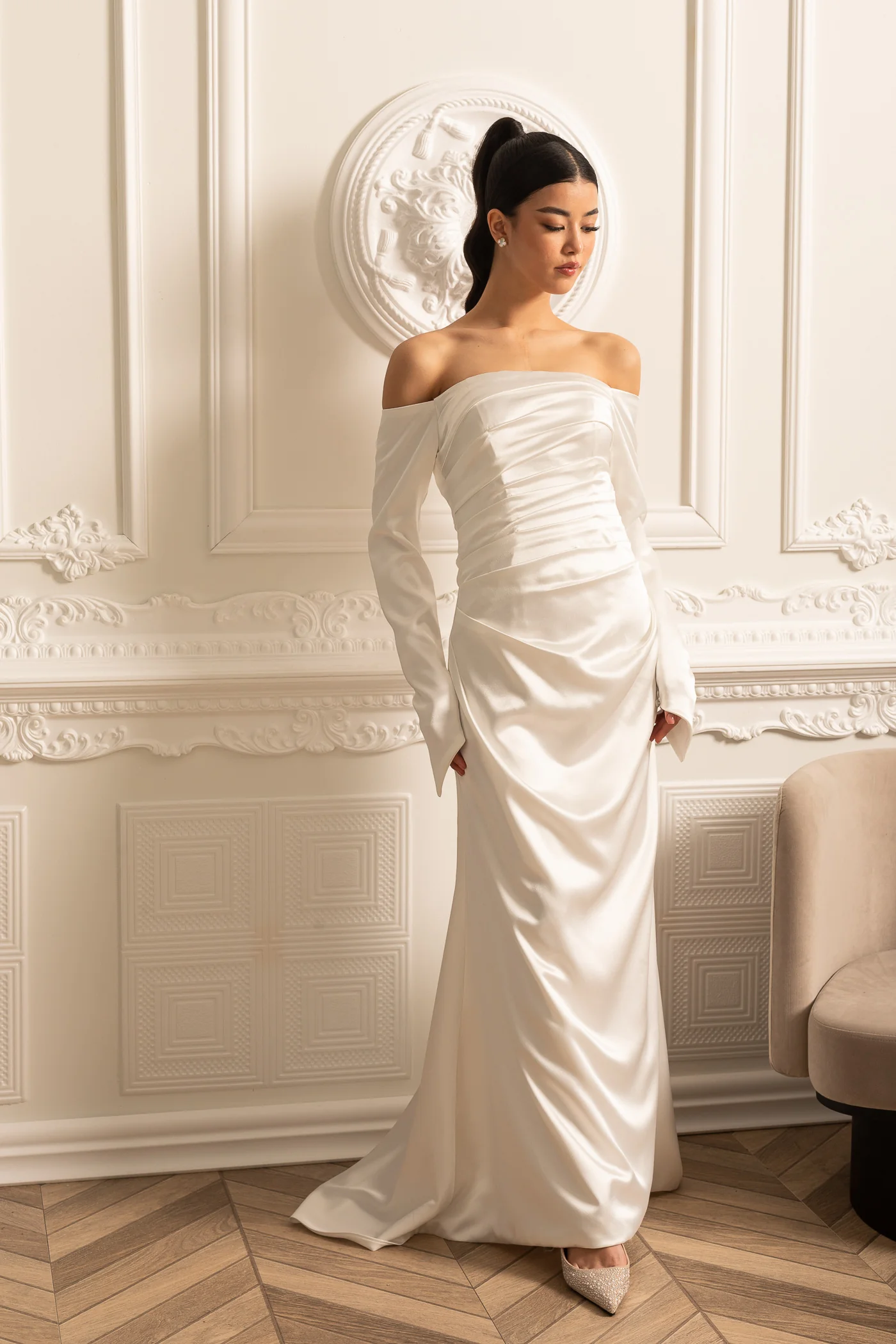 Off-Shoulder Satin Dress With Ruched Design And Draping Skirt - White - Image 8