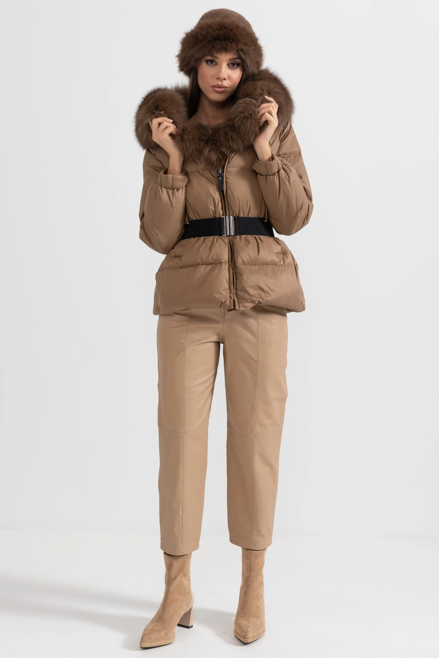 Puffer Jacket With Waistbelt And Brown Fox Fur-Lined Hood - Brown - Image 4