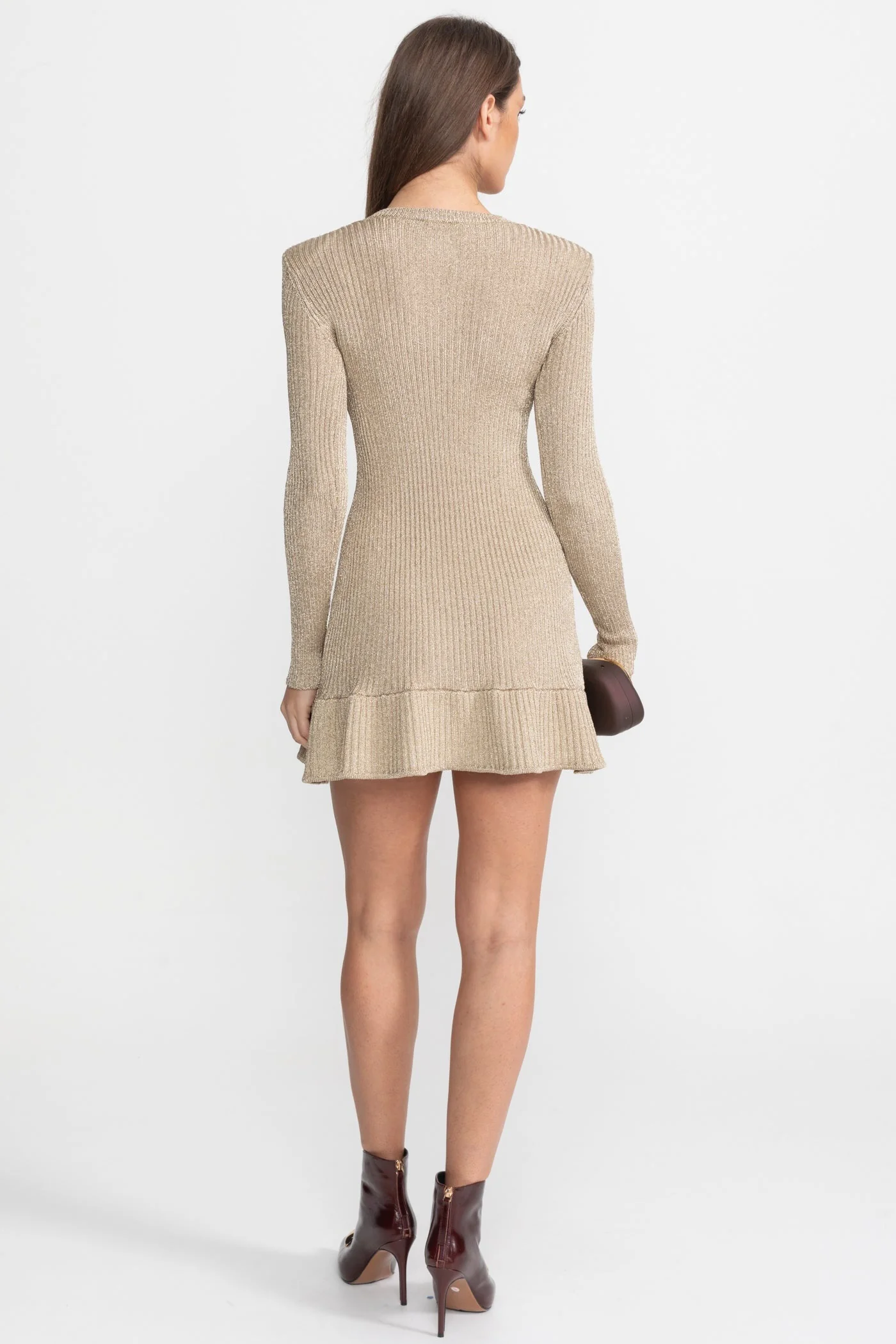 Ribbed Knit Mini Dress with Gold Button Front – Champagne - Image 5
