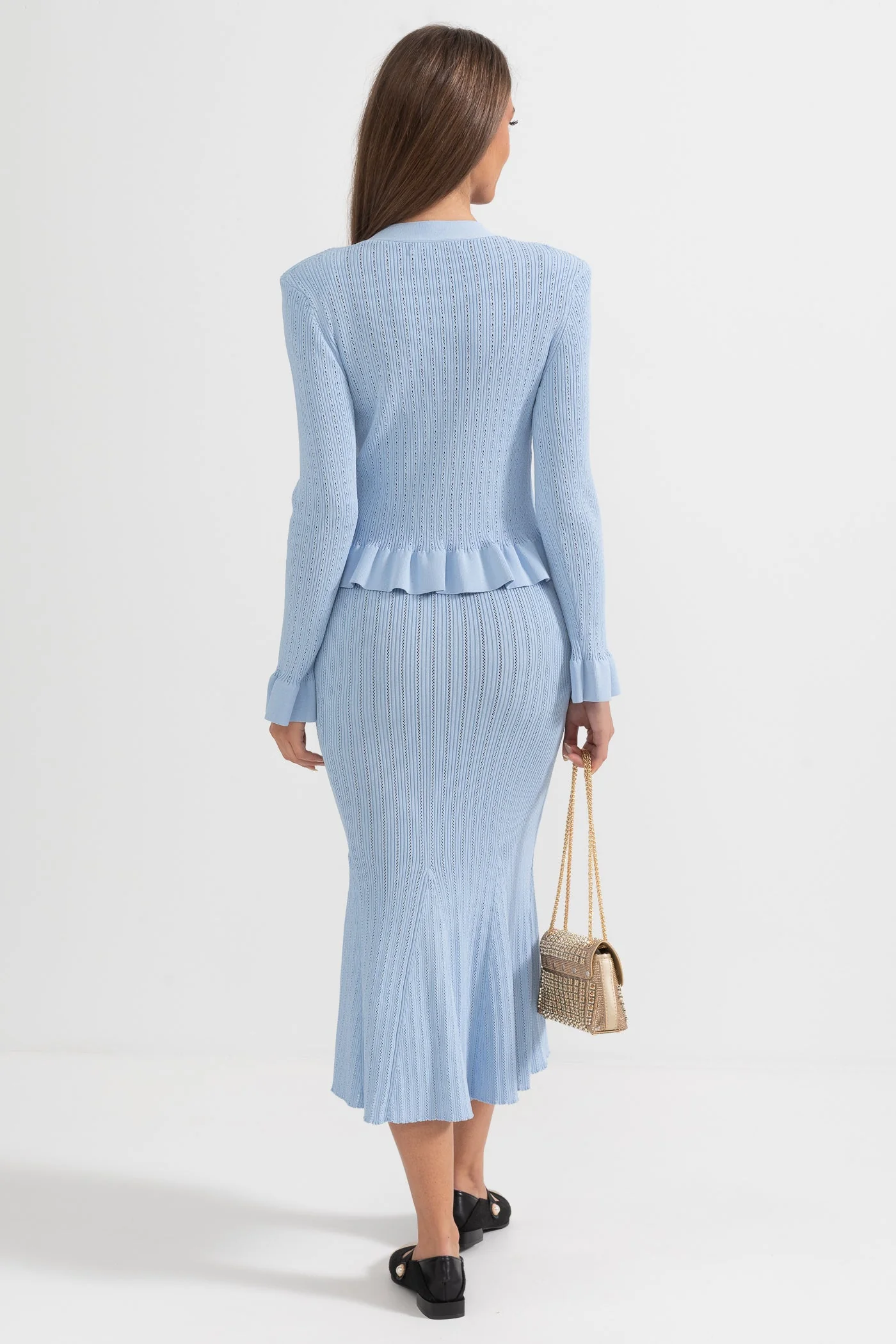 Ruffled Jacket & Flared Skirt Knit Matching Set - Baby Blue - Image 14