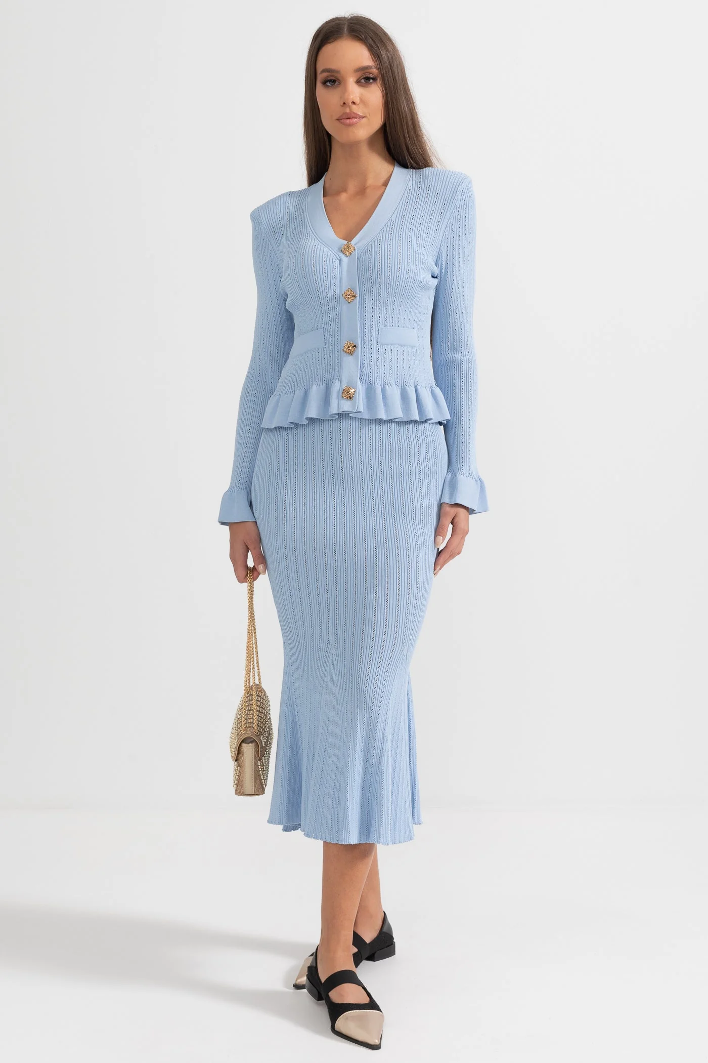 Ruffled Jacket & Flared Skirt Knit Matching Set - Baby Blue - Image 5