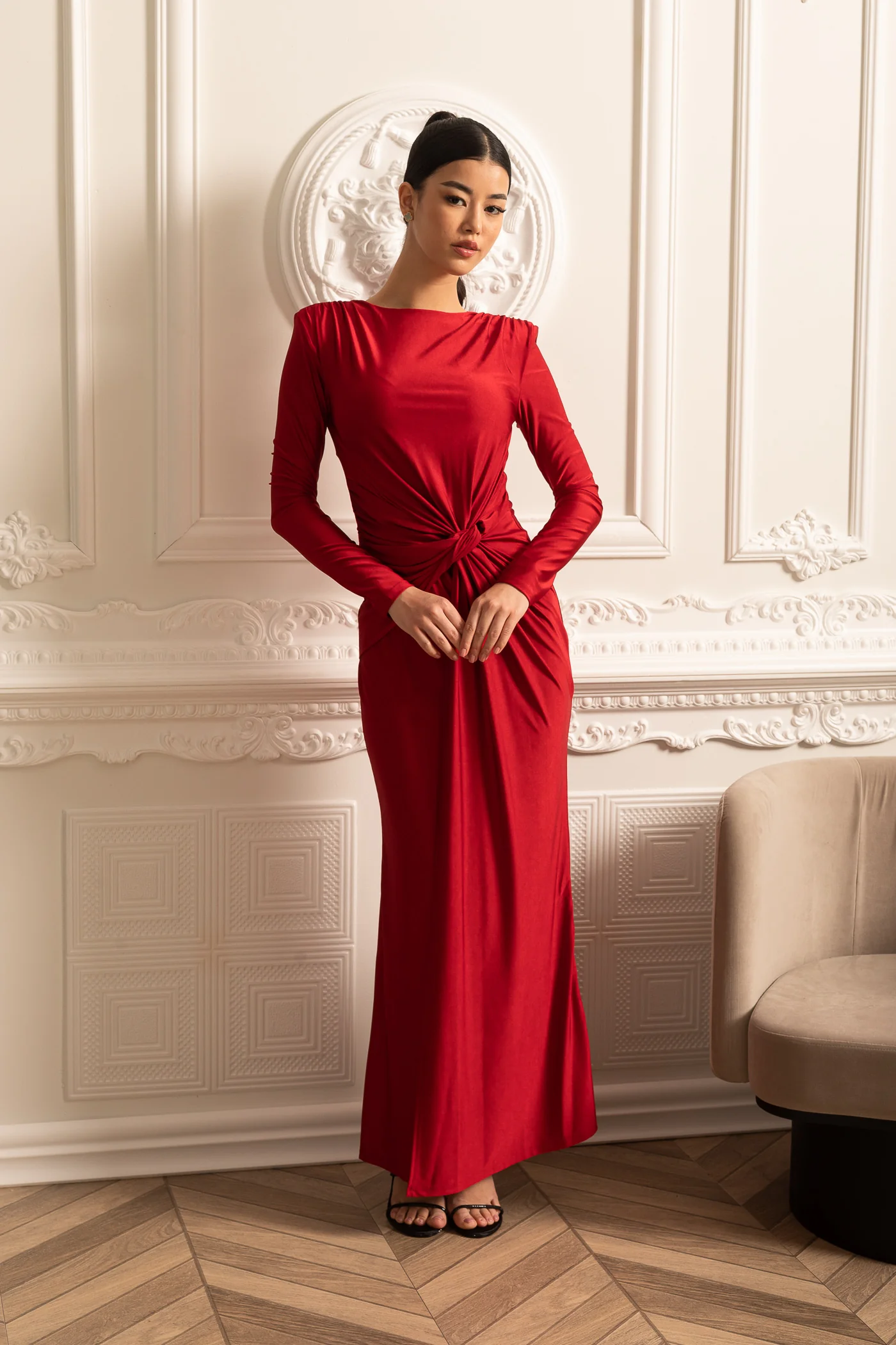 Satin Dress With Long Sleeves, Side Draping And Twisted Waist Detail - Red - Image 10