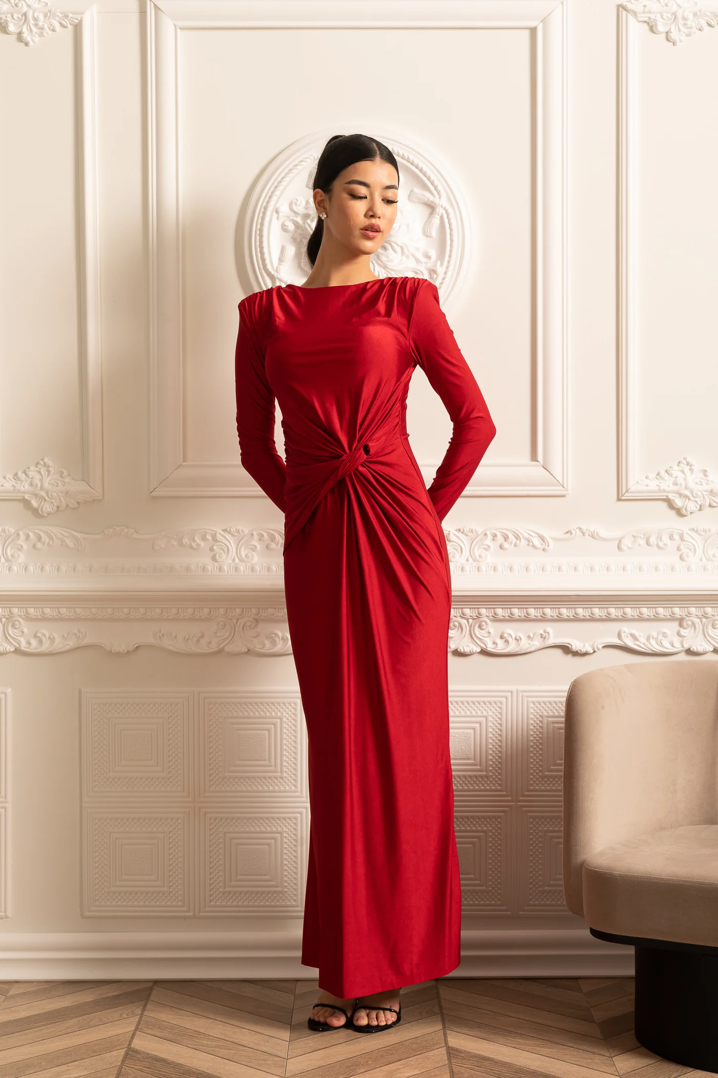 Satin Dress With Long Sleeves, Side Draping And Twisted Waist Detail - Red - Image 11
