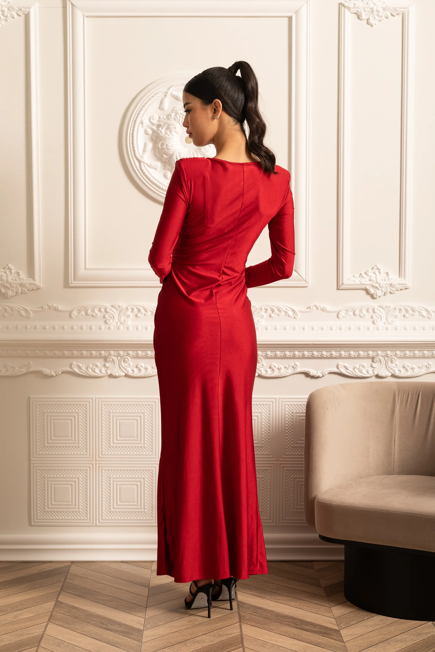Satin Dress With Long Sleeves, Side Draping And Twisted Waist Detail - Red - Image 14