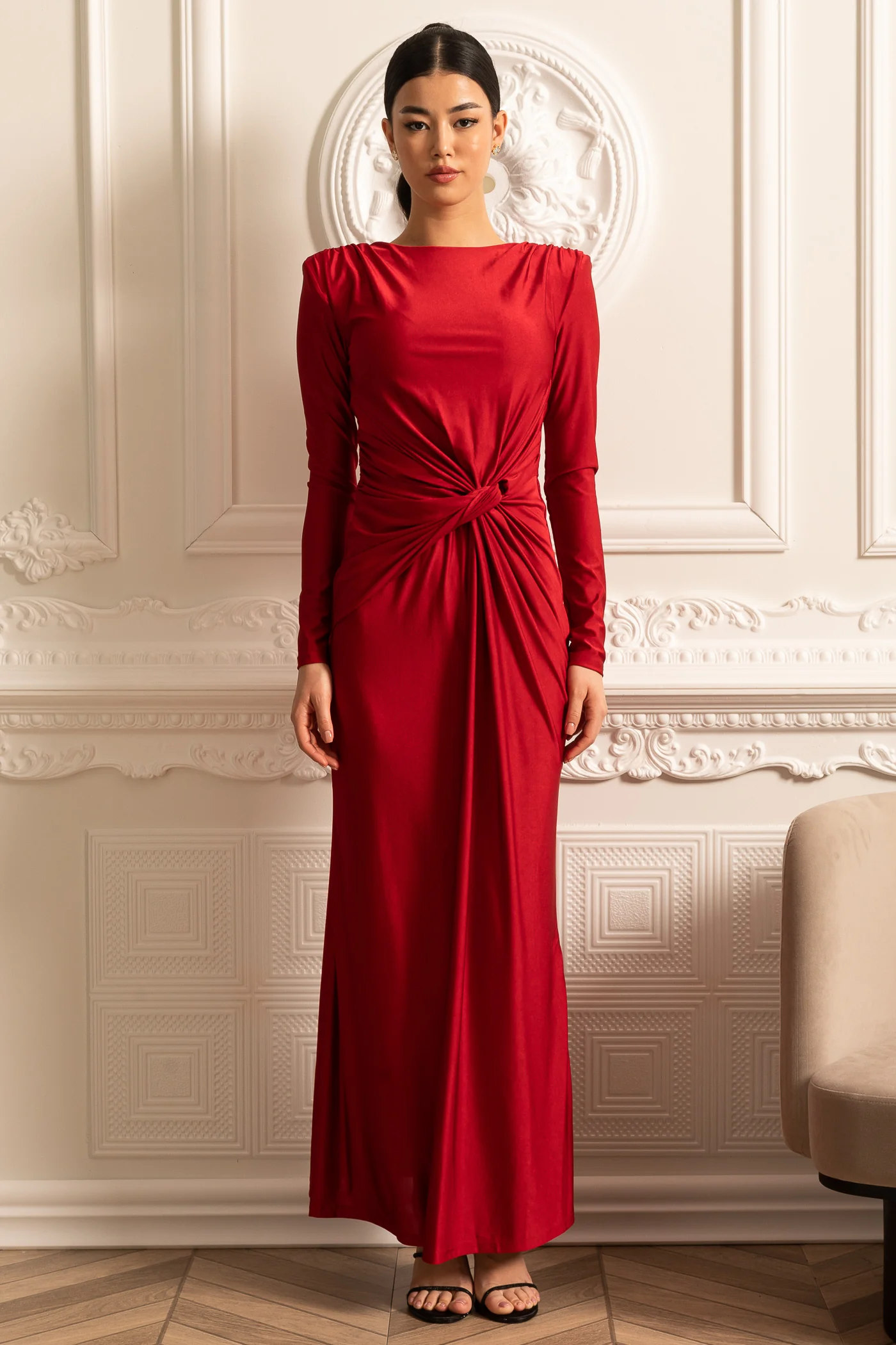 Satin Dress With Long Sleeves, Side Draping And Twisted Waist Detail - Red - Image 3