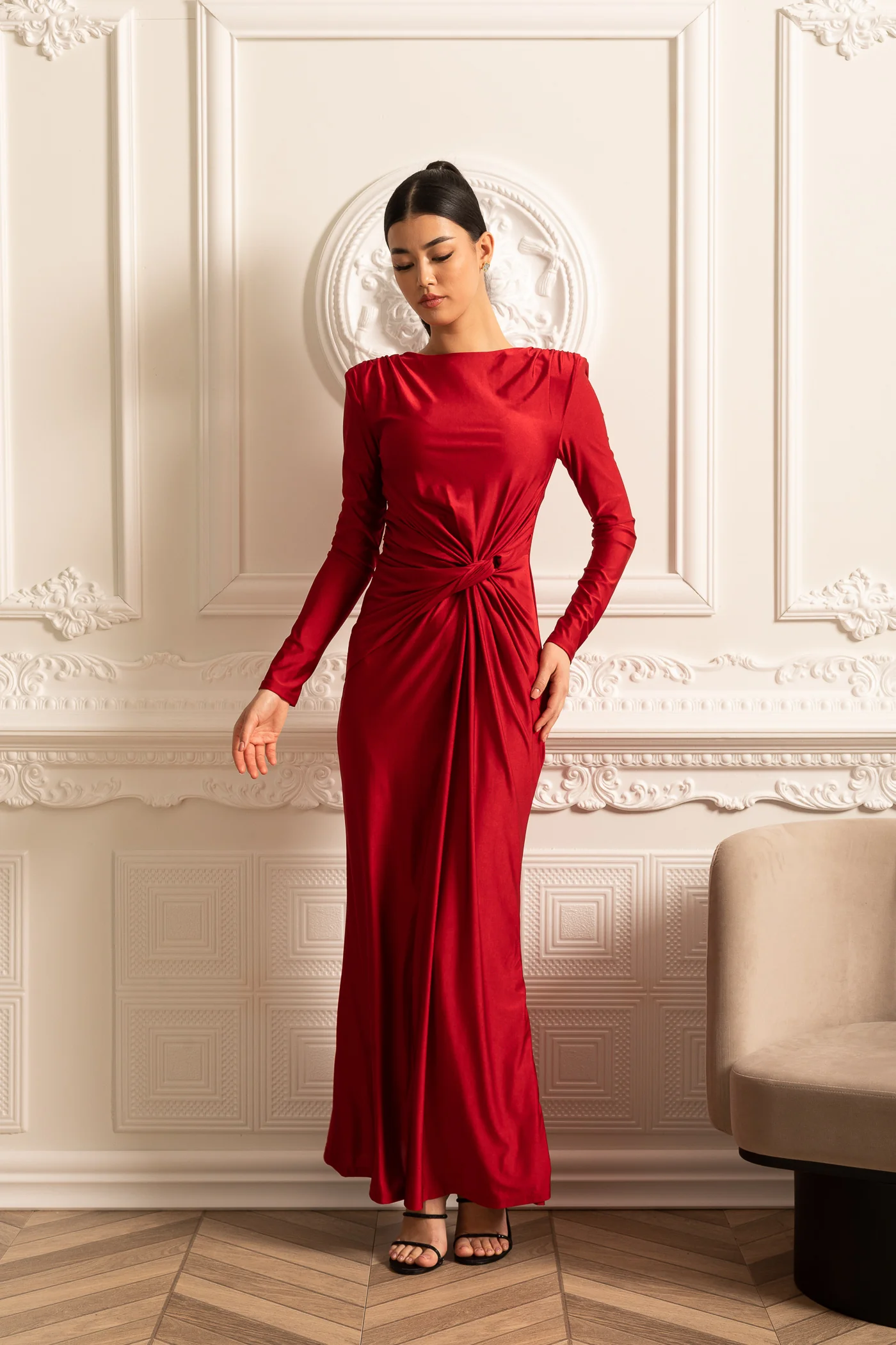 Satin Dress With Long Sleeves, Side Draping And Twisted Waist Detail - Red - Image 4
