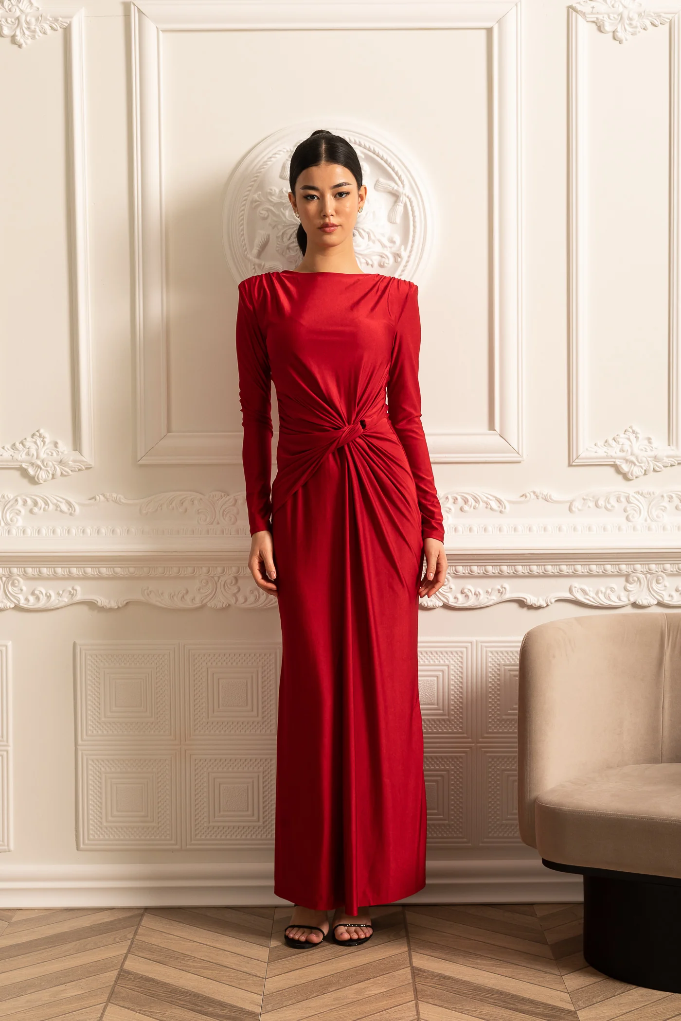 Satin Dress With Long Sleeves, Side Draping And Twisted Waist Detail - Red - Image 5