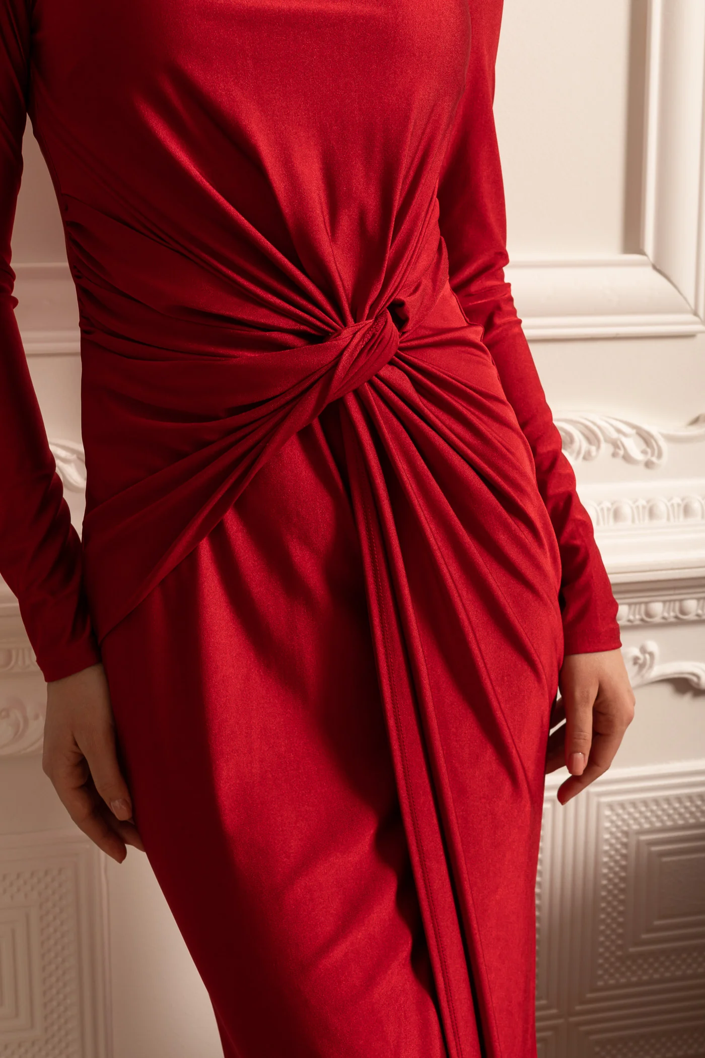 Satin Dress With Long Sleeves, Side Draping And Twisted Waist Detail - Red - Image 7