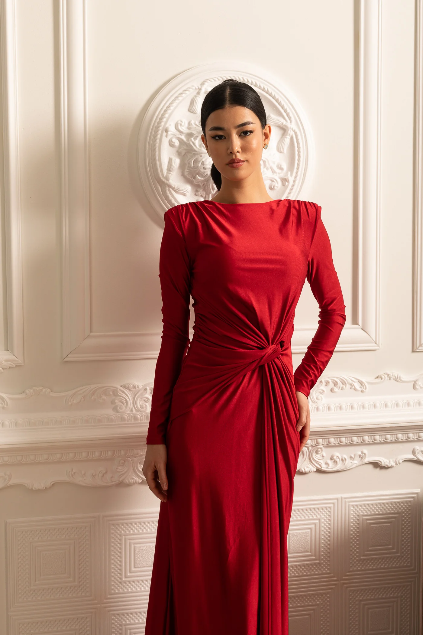 Satin Dress With Long Sleeves, Side Draping And Twisted Waist Detail - Red - Image 8