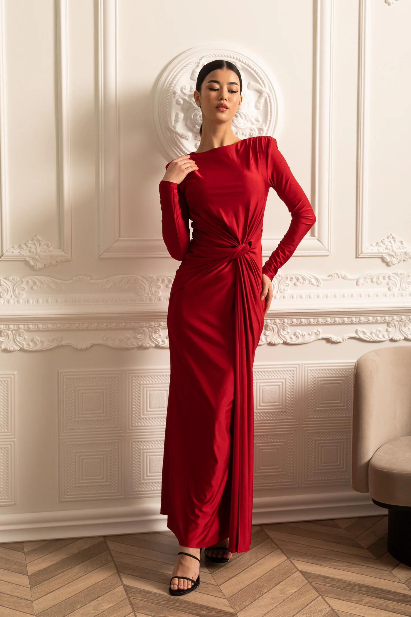Satin Dress With Long Sleeves, Side Draping And Twisted Waist Detail - Red - Image 9