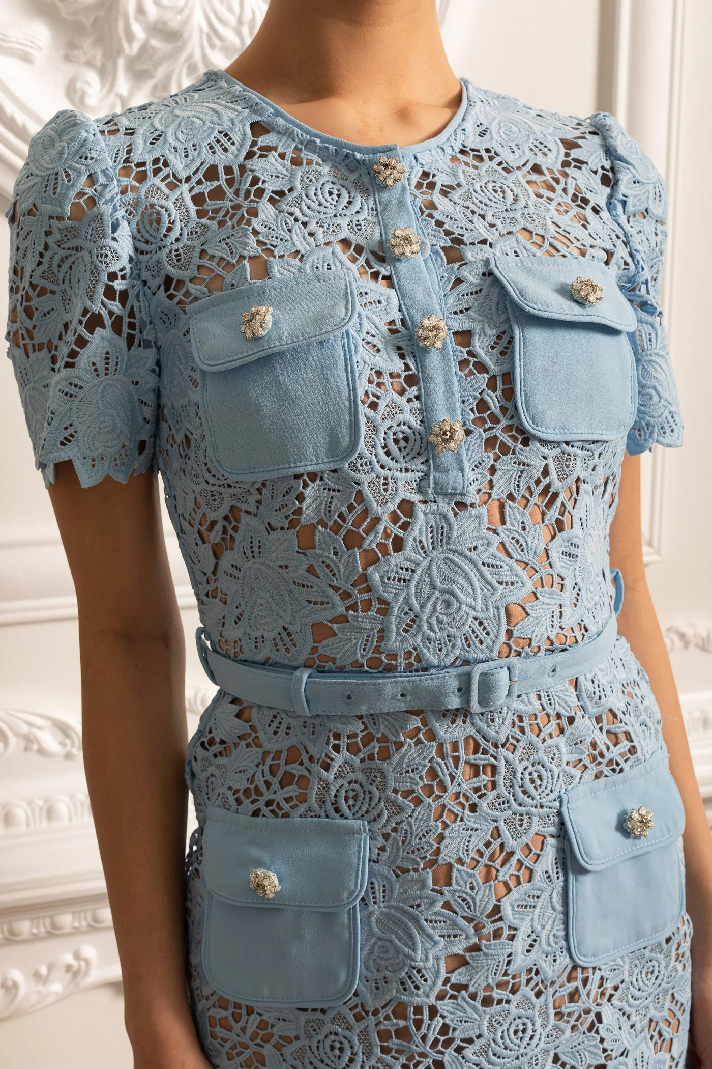 Short Sleeve Embroidered Floral Dress - Blue - Image 6