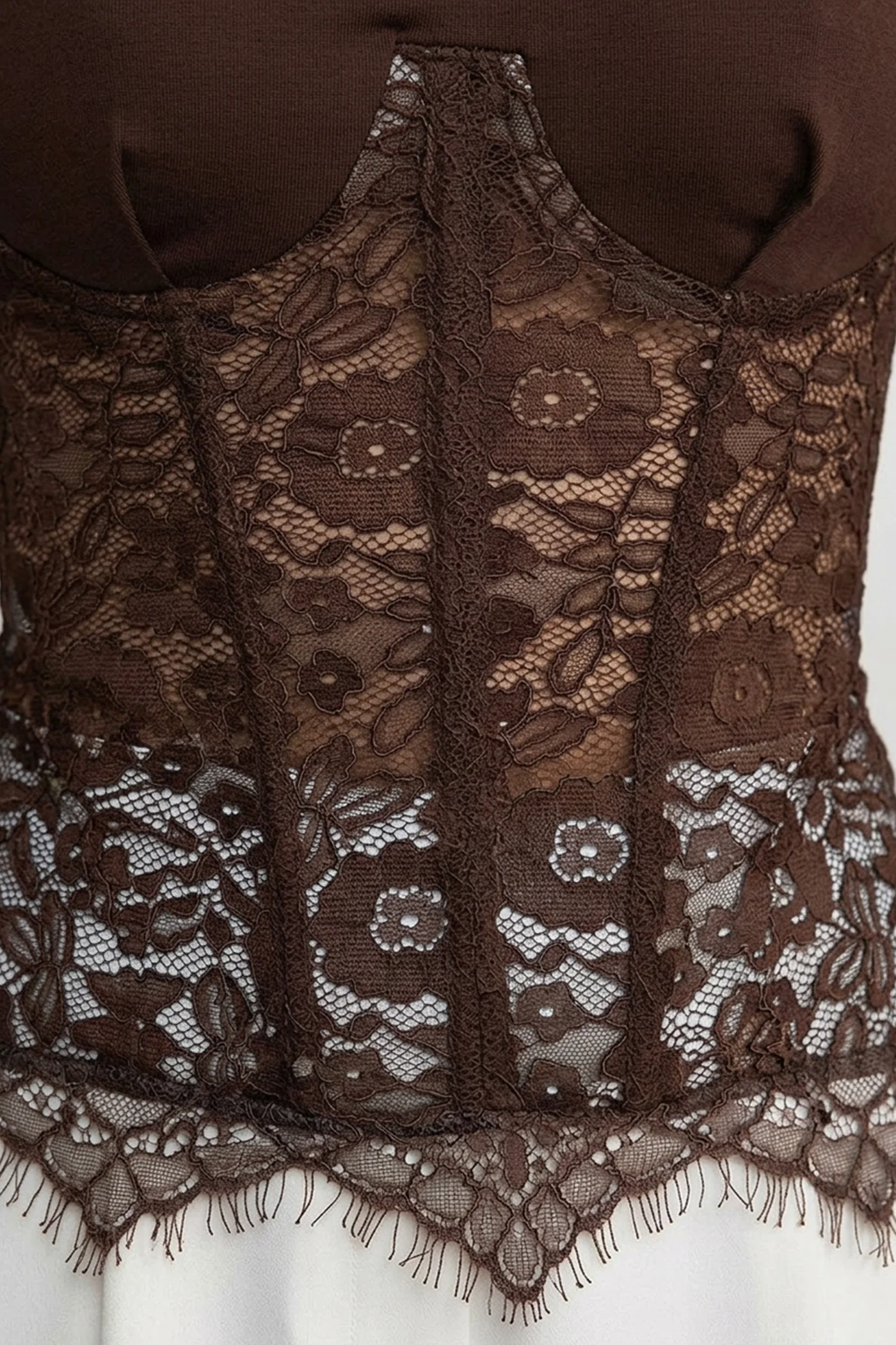 Short Sleeve Top With Lace Corset Overlay - Brown - Image 3
