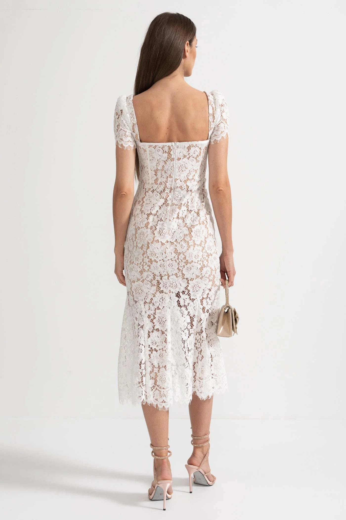 Short Sleeved Lace Dress With Delicate Matching Waist Belt - White - Image 12