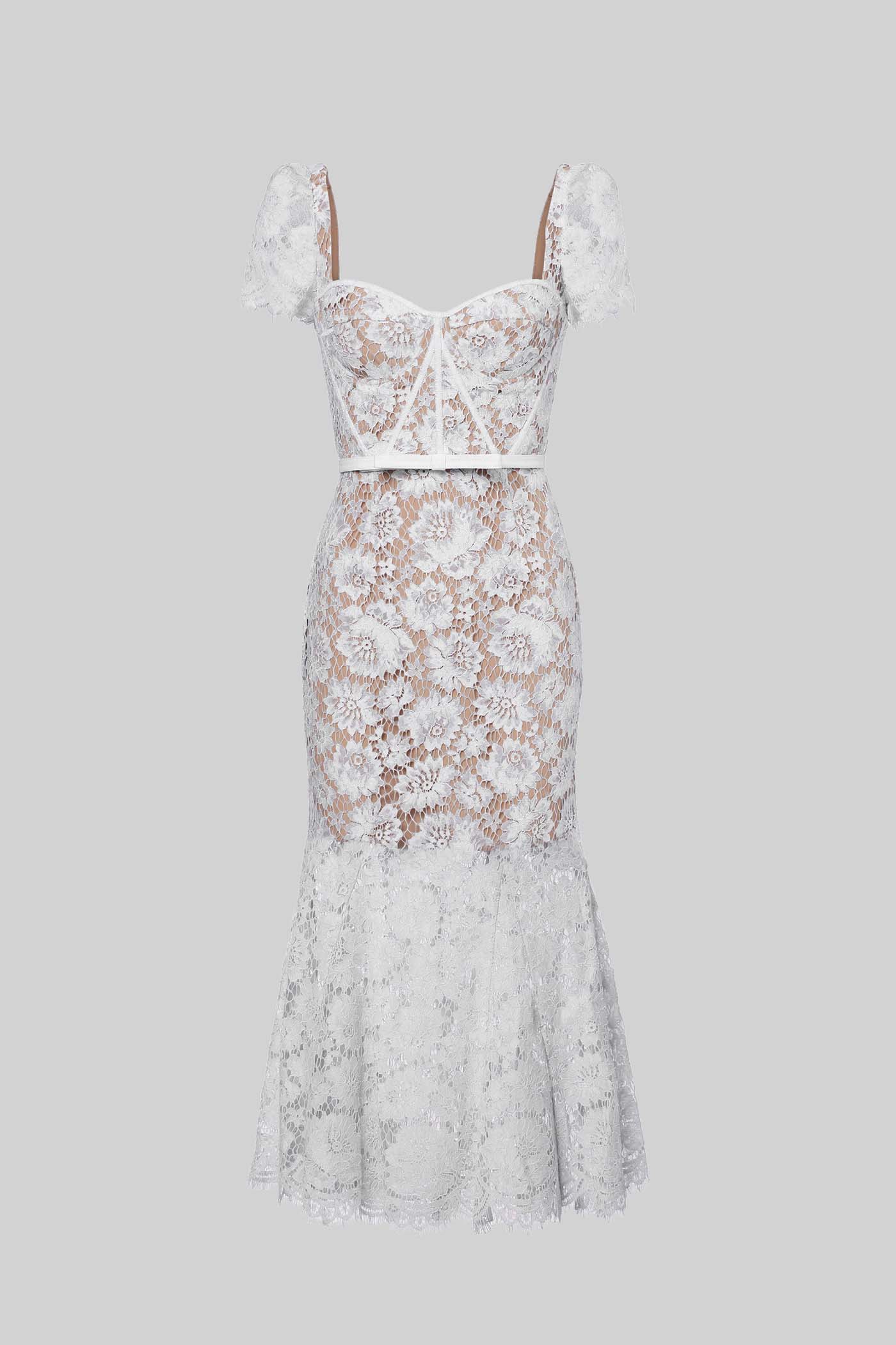 Short Sleeved Lace Dress With Delicate Matching Waist Belt - White - Image 4