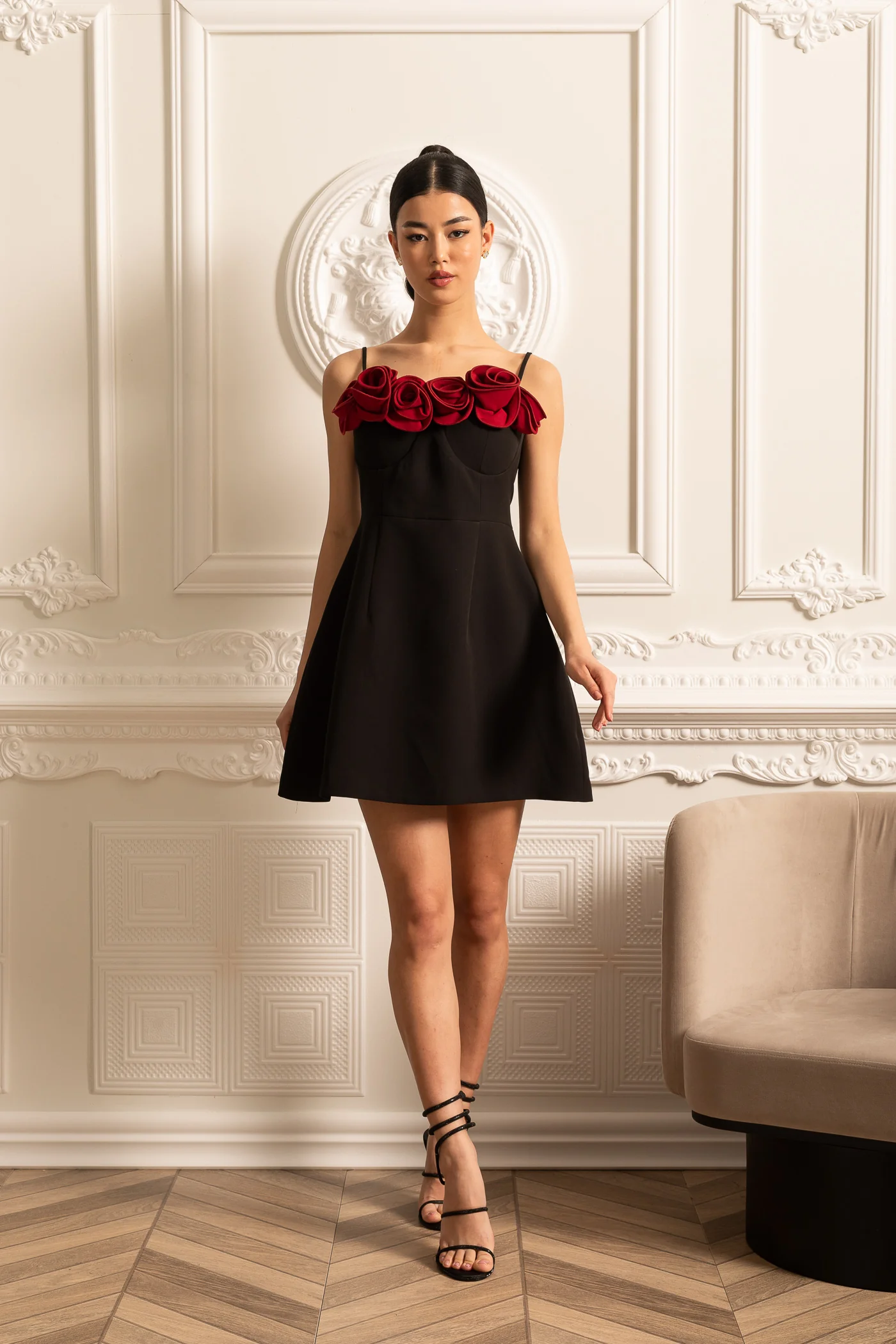 Sleeveless Mini Dress With Flared Skirt And Red Rose Embellishments - Black - Image 10