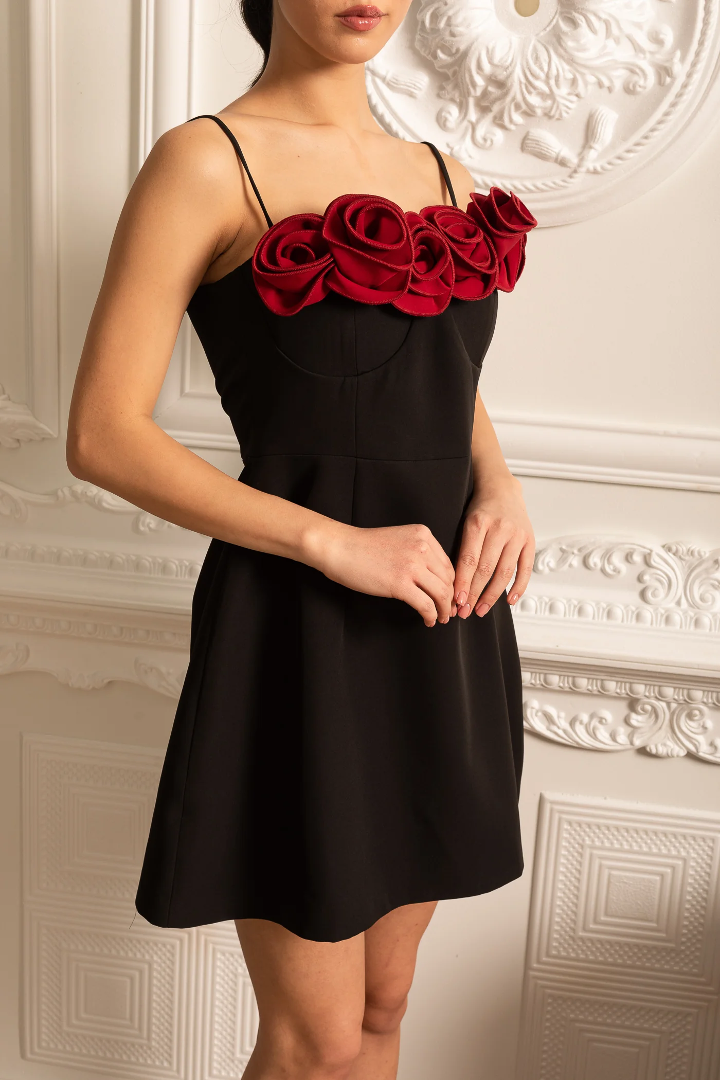 Sleeveless Mini Dress With Flared Skirt And Red Rose Embellishments - Black - Image 13