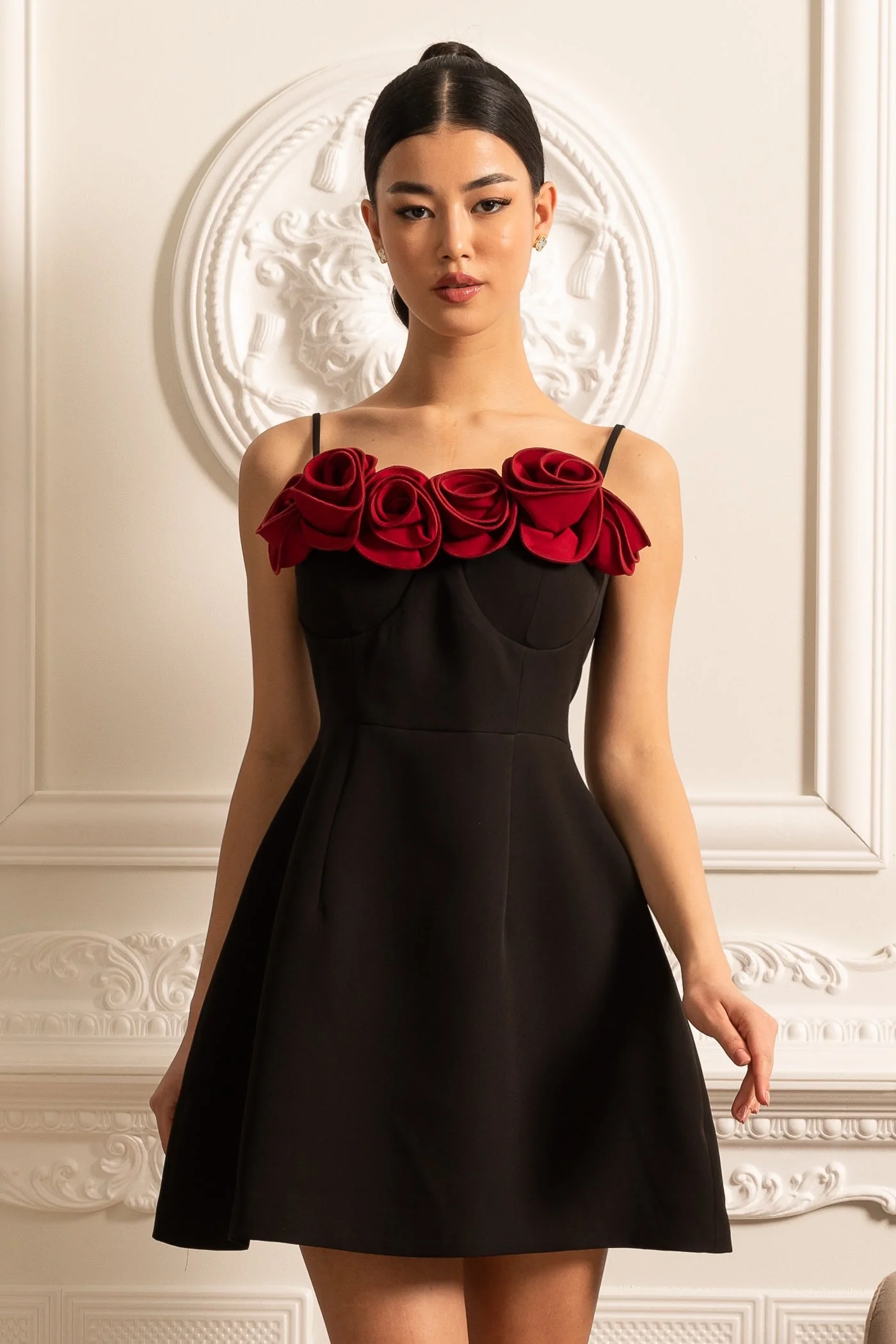 Sleeveless Mini Dress With Flared Skirt And Red Rose Embellishments - Black - Image 3