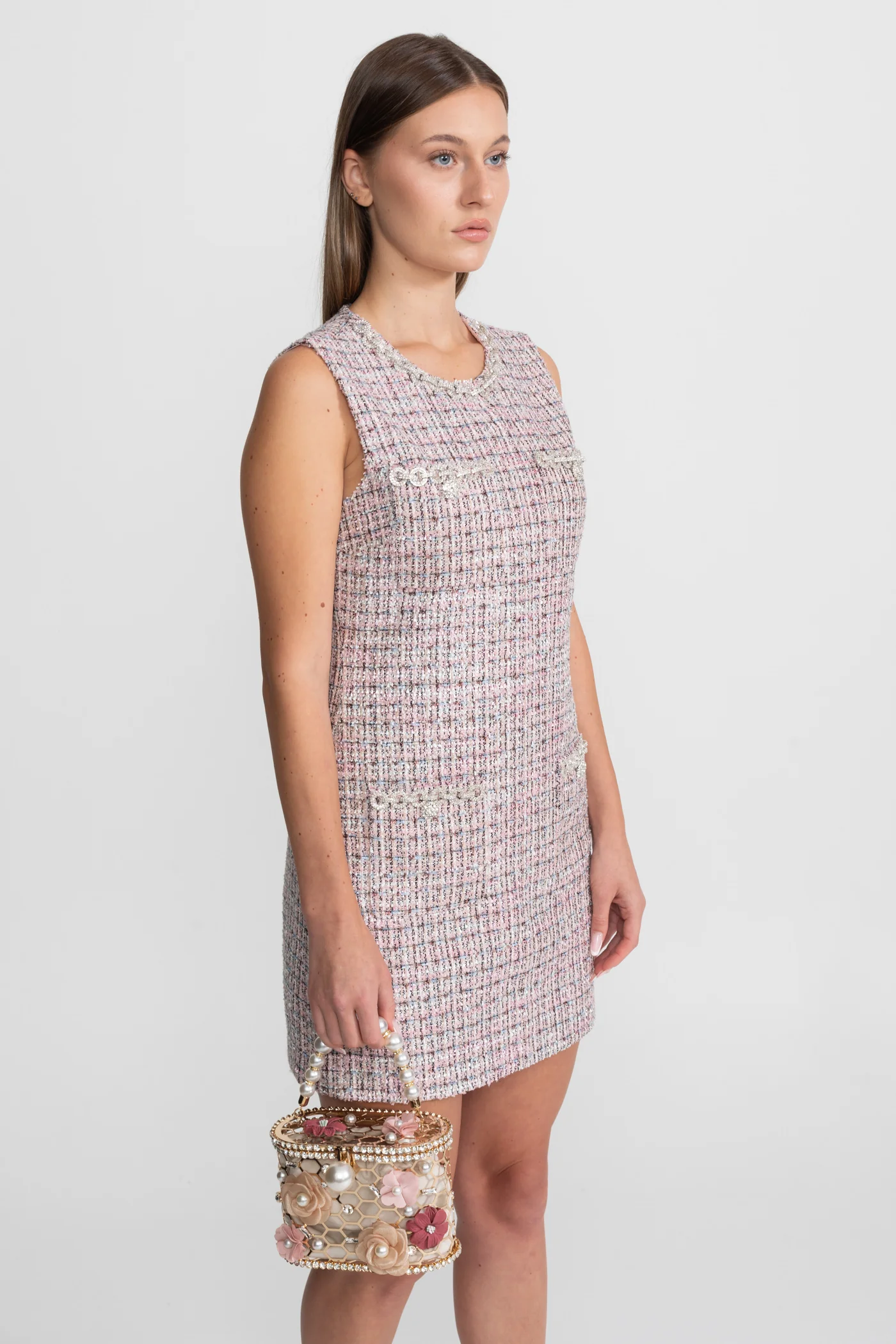Sleeveless Tweed Mini Dress - Pink - Image 7