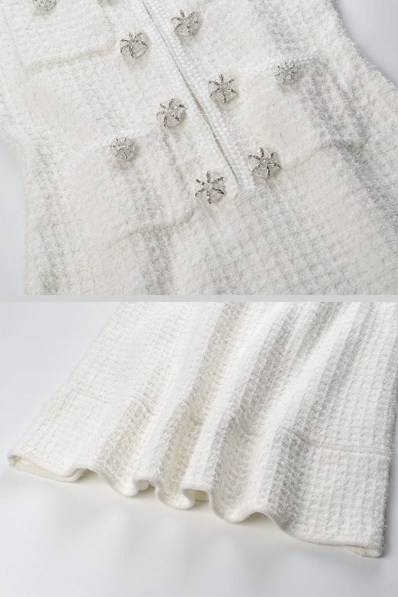 Long Sleeve Knee-Length Knitted Dress - White - Image 11