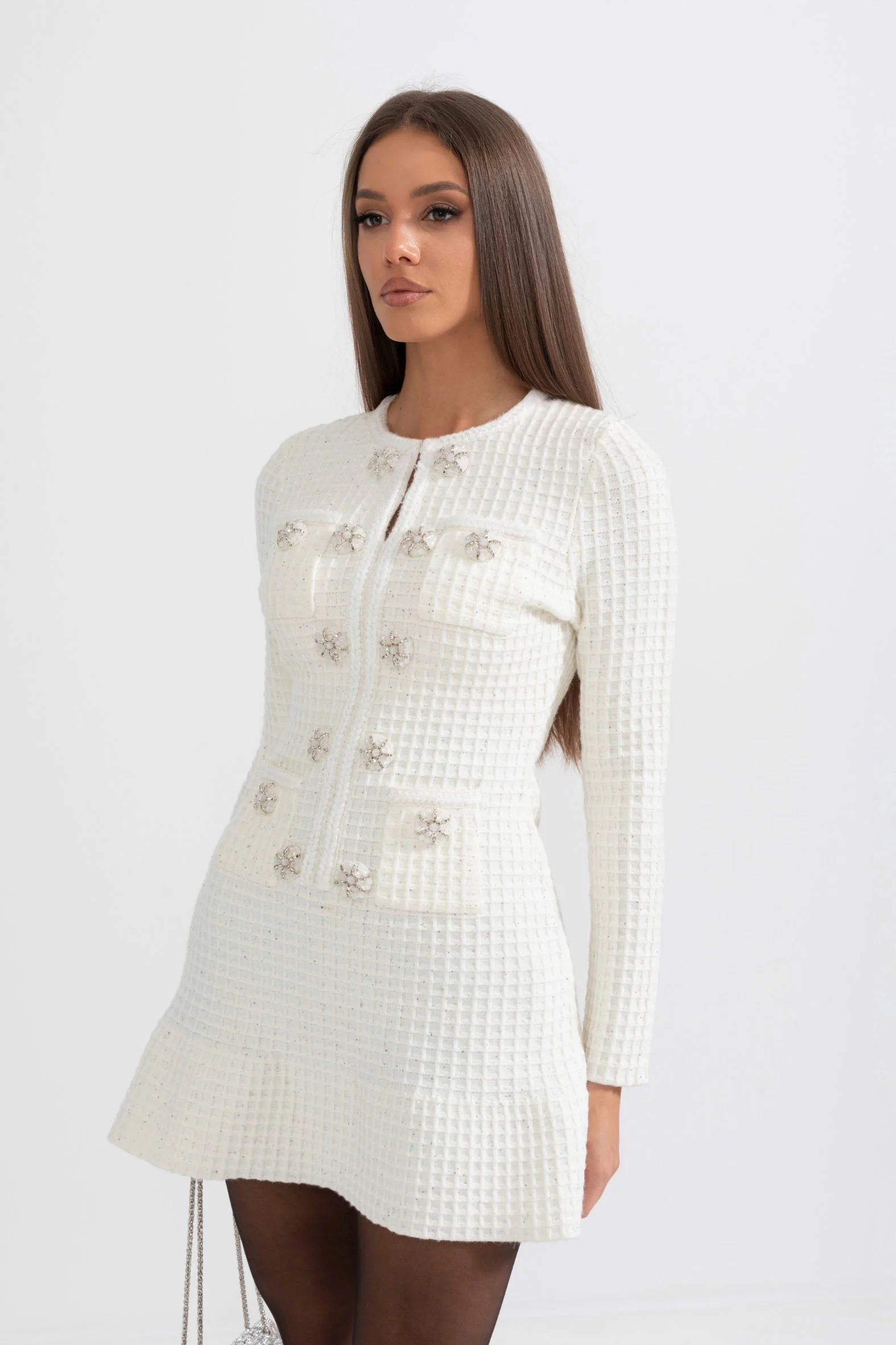 Long Sleeve Knee-Length Knitted Dress - White - Image 3