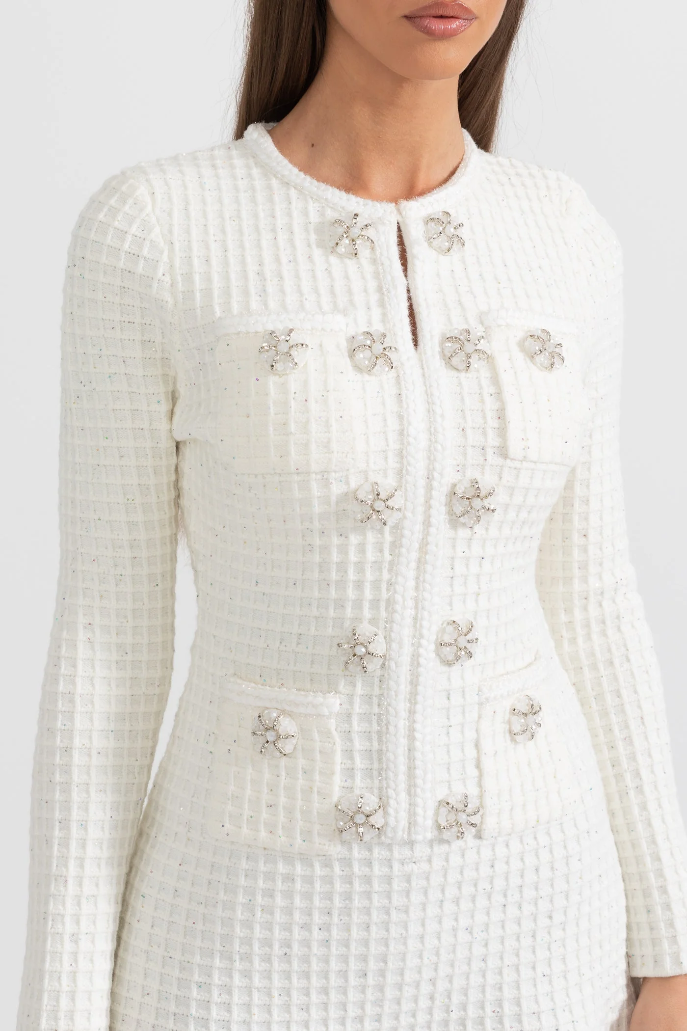 Long Sleeve Knee-Length Knitted Dress - White - Image 7