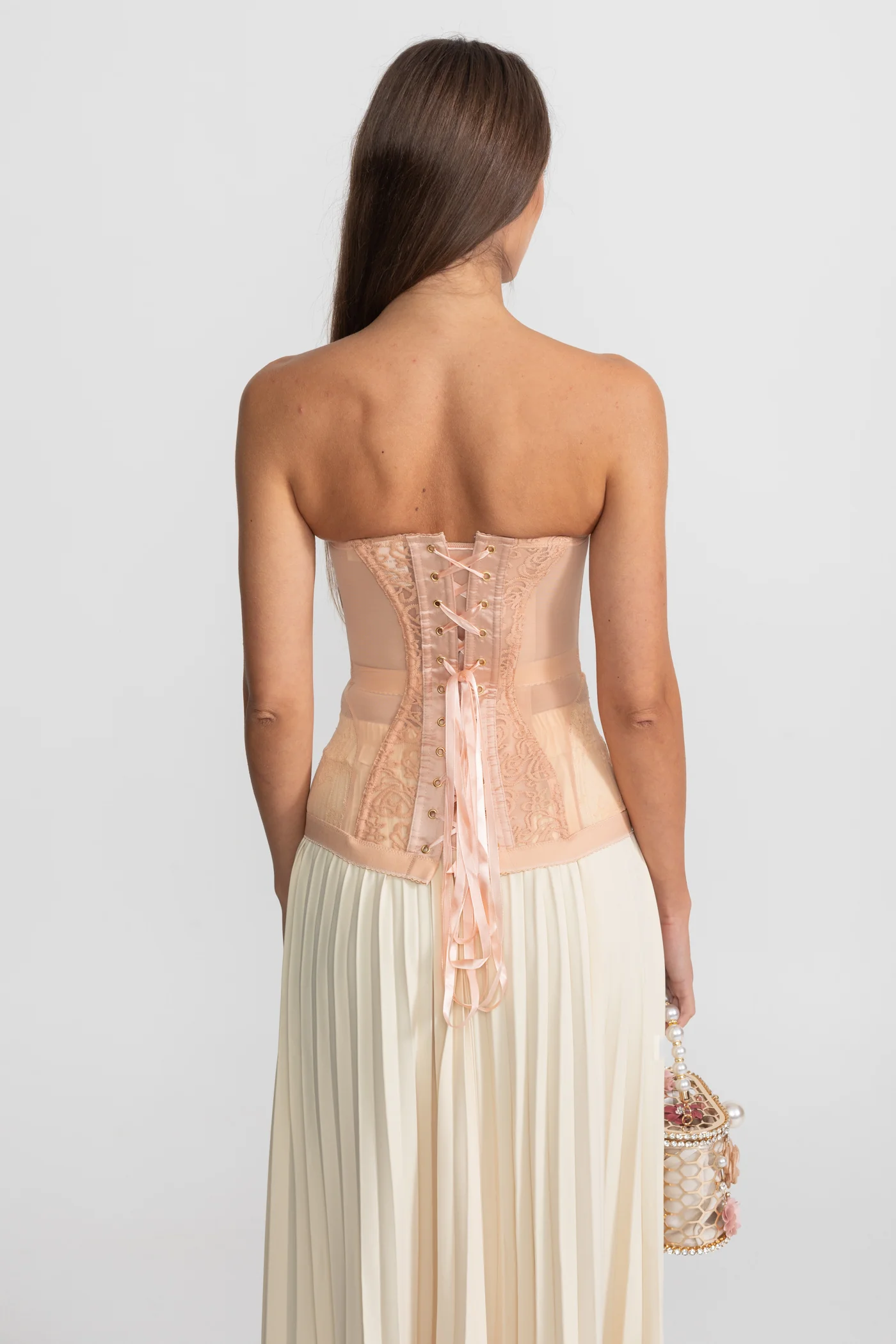 Strapless Lace Corset Top with Boning and Front Closure - Nude - Image 10