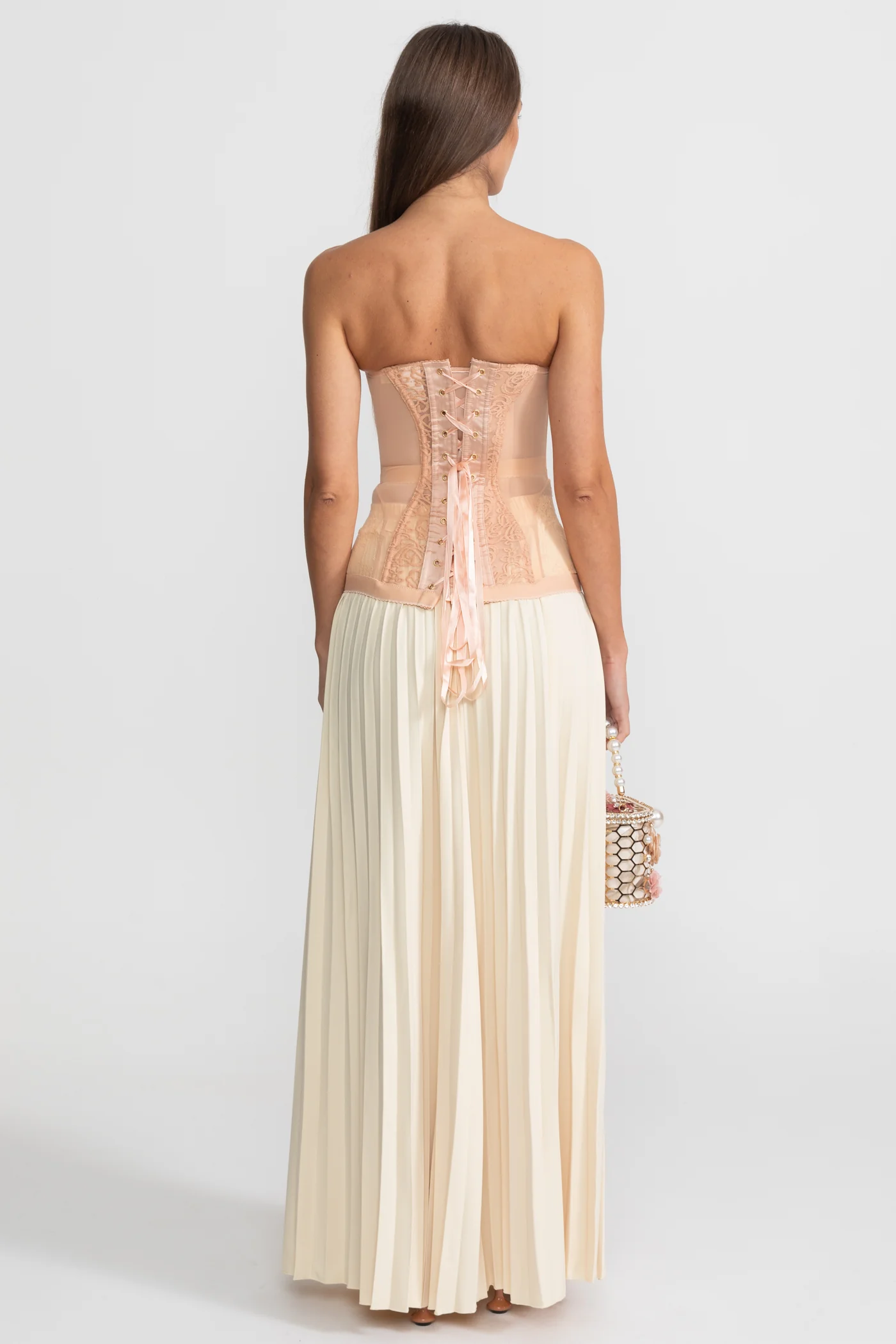 Strapless Lace Corset Top with Boning and Front Closure - Nude - Image 9