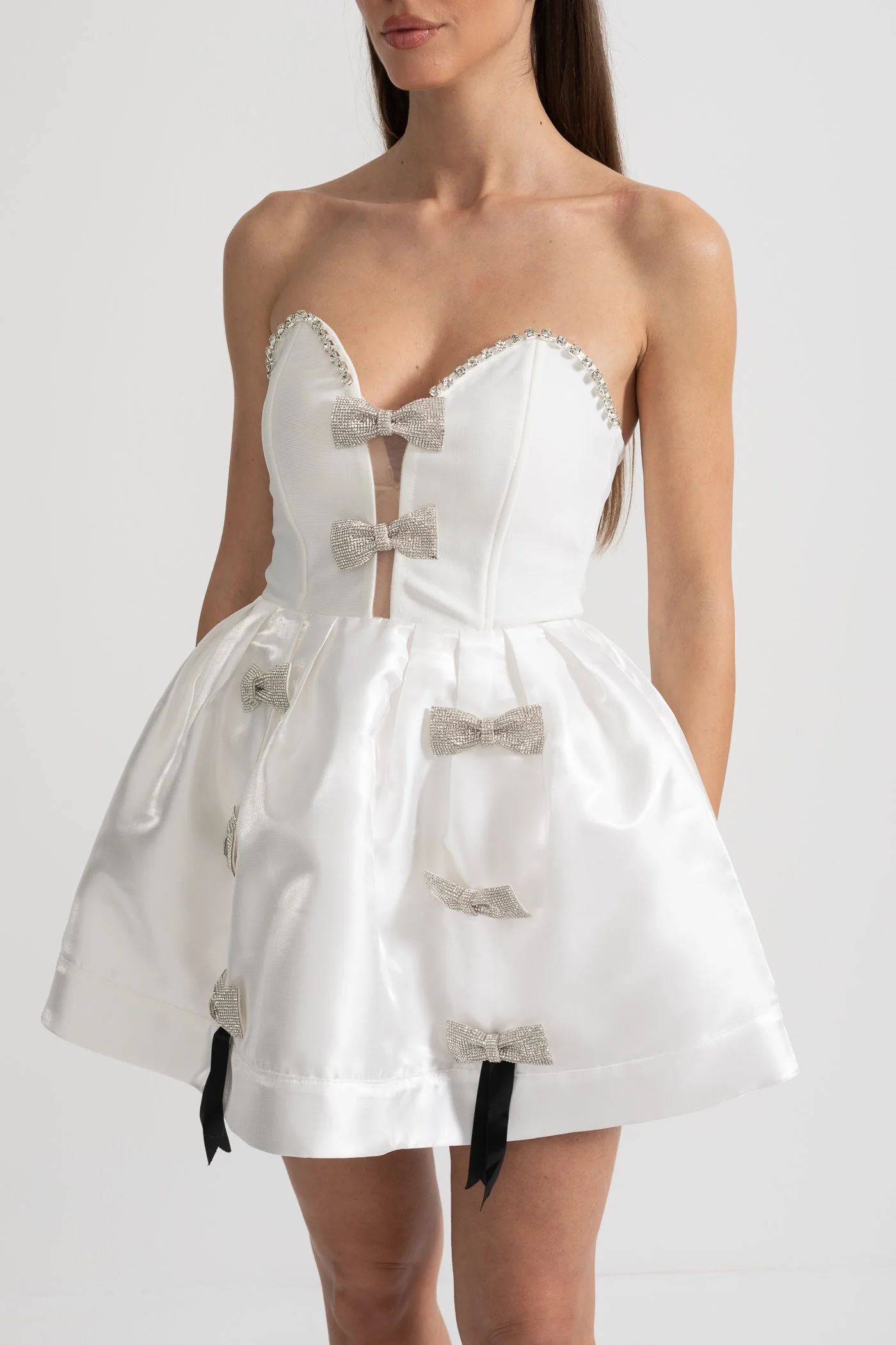 Strapless Mini Dress with Crystal Bow Embellishments - White - Image 11
