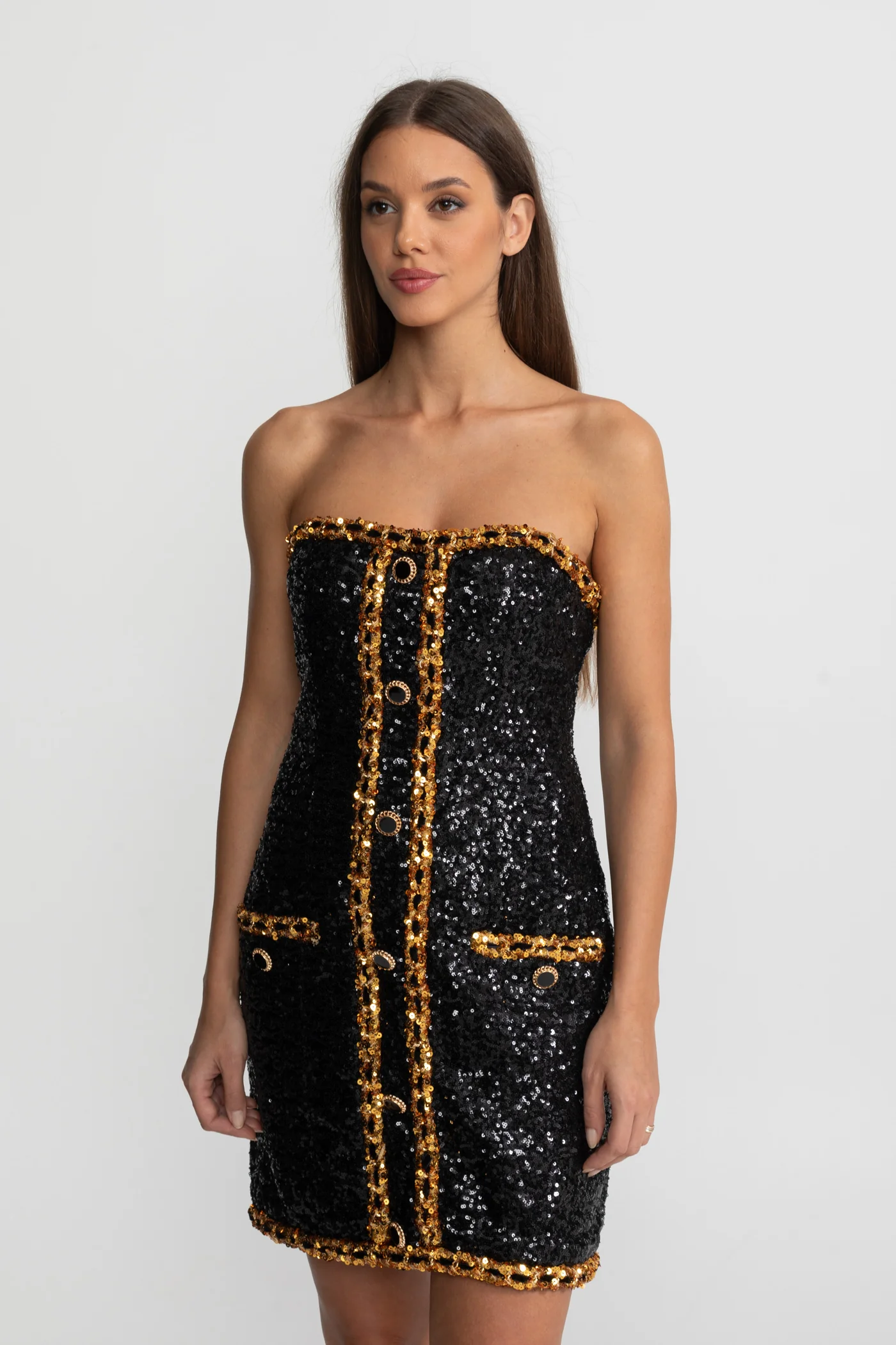 Strapless Sequin Mini Dress With Chain Trim Detailing – Black - Image 6