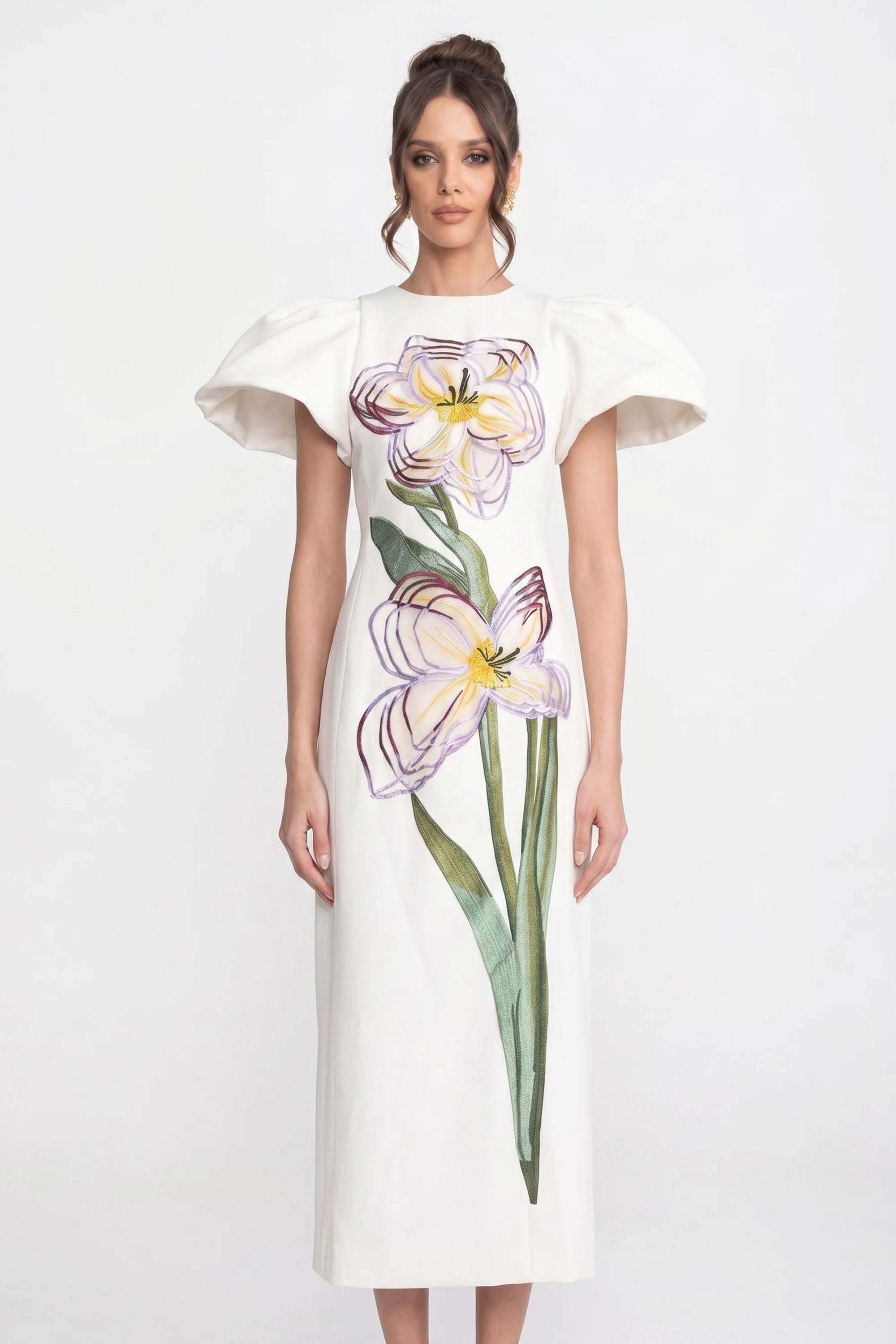Structured Shoulder Maxi Dress With 3D Iris Floral Appliqué - White - Image 3