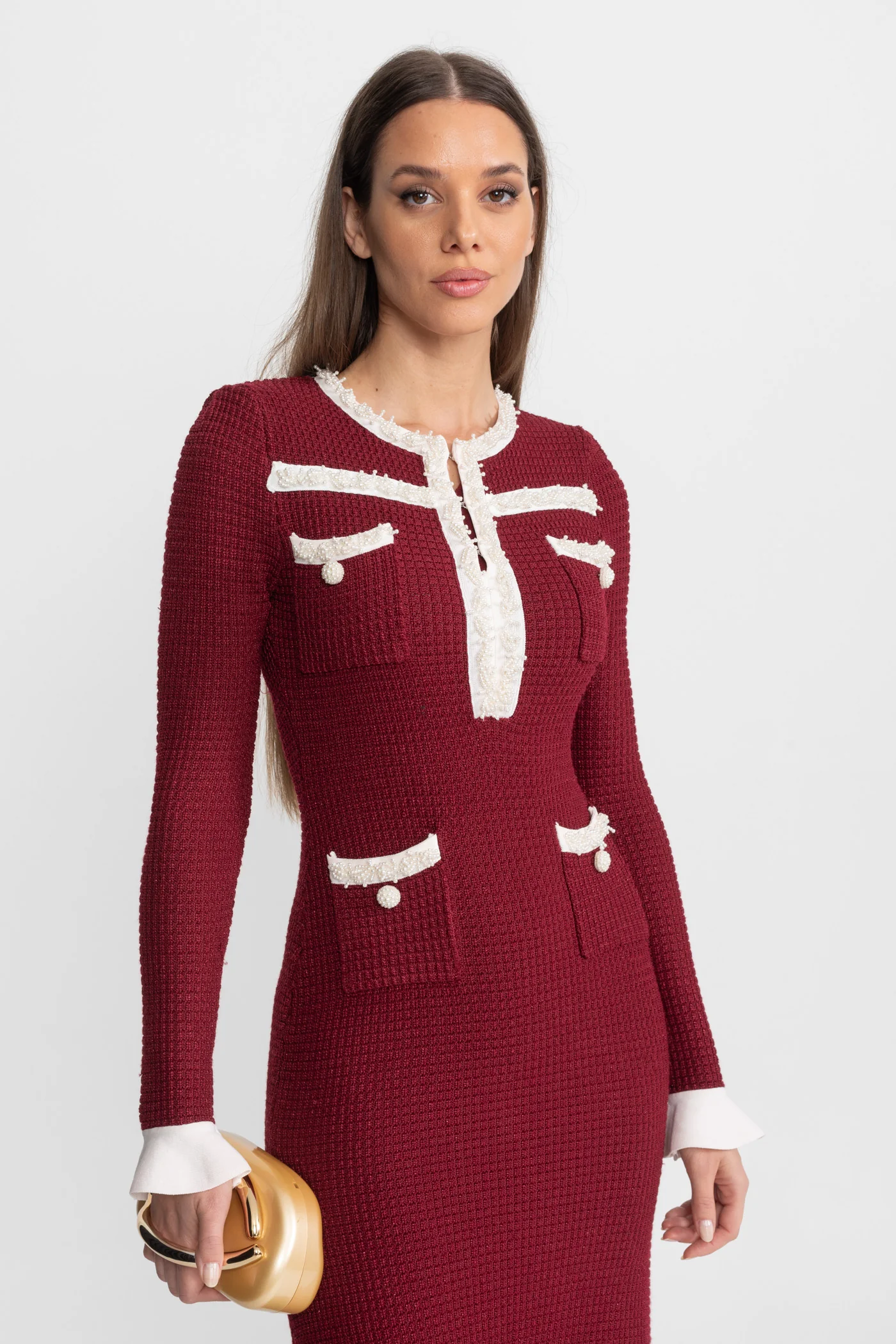 Textured Midi Dress with Contrast Embroidered Trim – Burgundy - Image 4