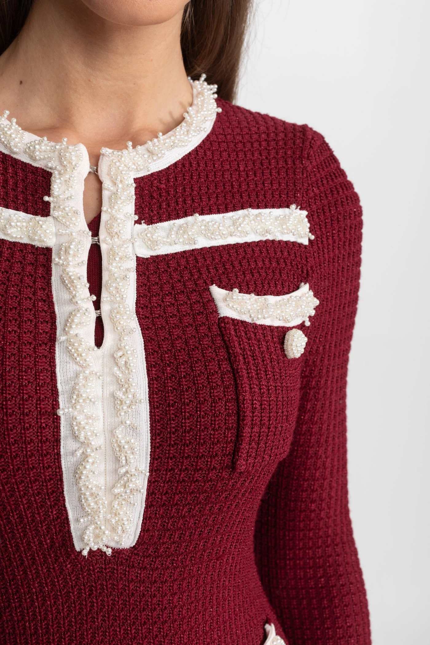 Textured Midi Dress with Contrast Embroidered Trim – Burgundy - Image 6