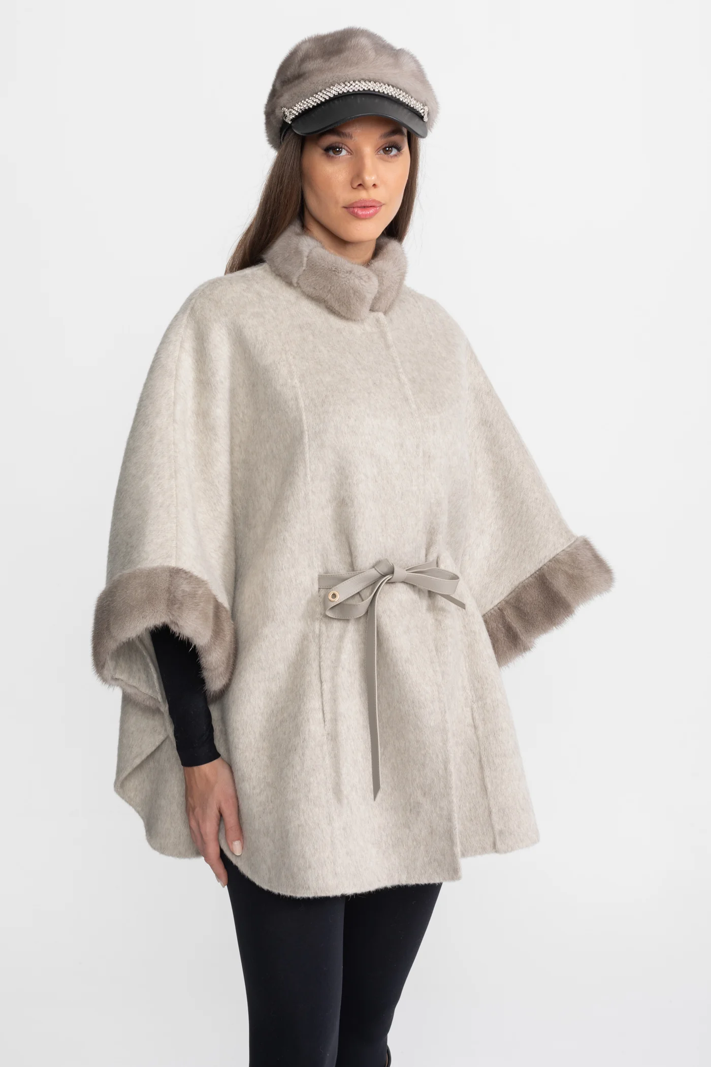 Wool Blend Cape Coat with Sable Fur Trim – Light Grey - Image 6