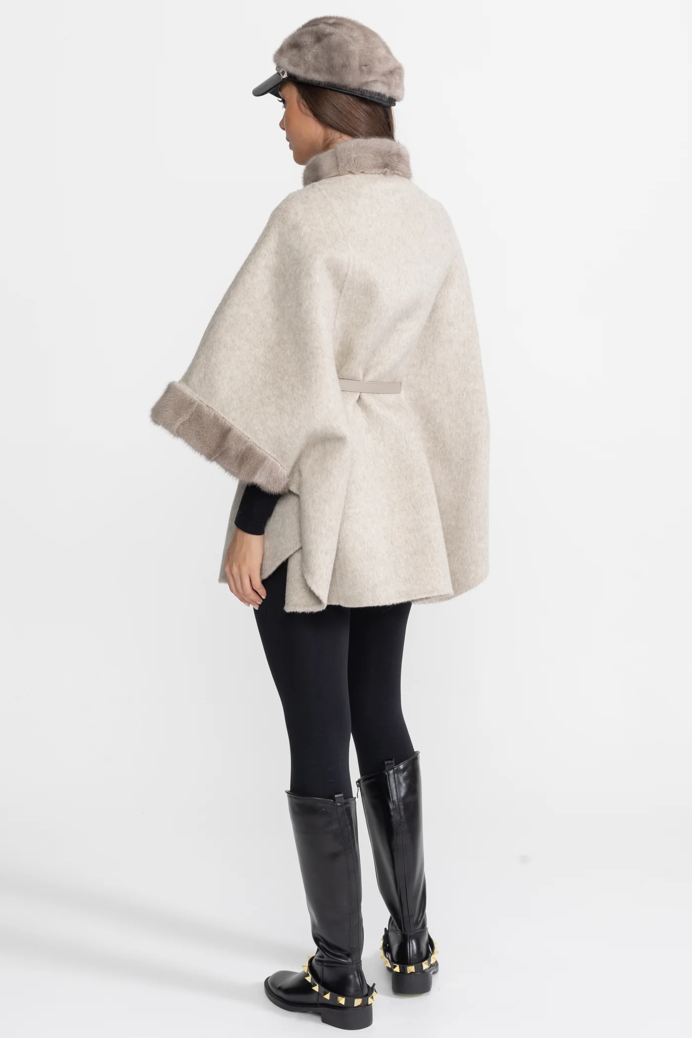 Wool Blend Cape Coat with Sable Fur Trim – Light Grey - Image 8