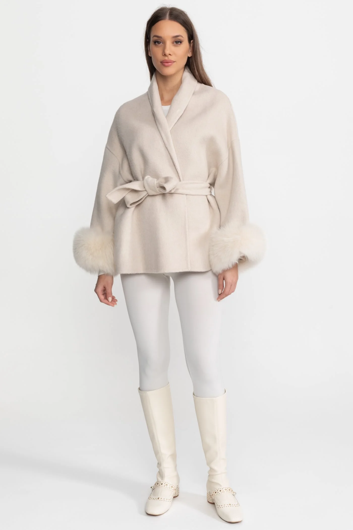 Wool Blend Wrap Jacket with Fox Fur Cuffs – Cream - Image 2