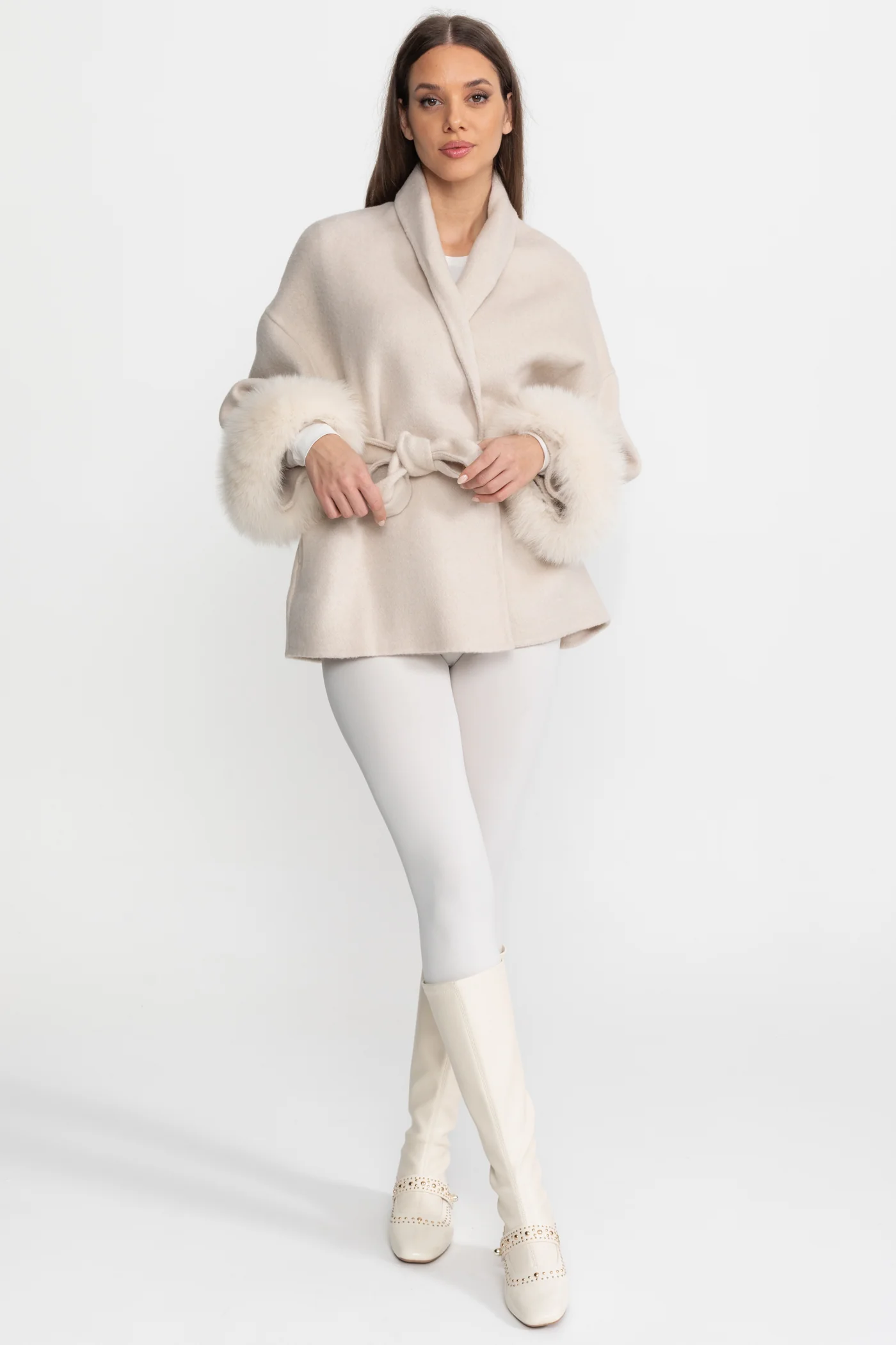 Wool Blend Wrap Jacket with Fox Fur Cuffs – Cream - Image 5