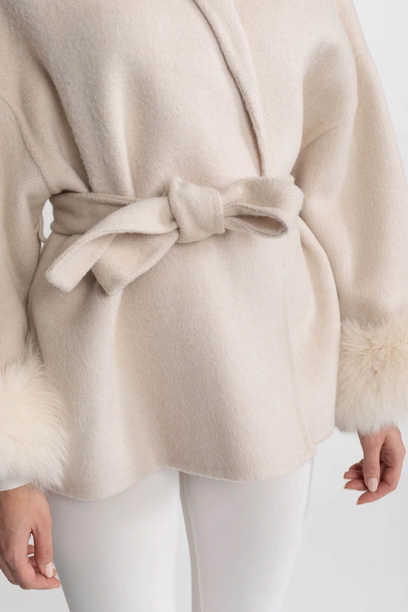 Wool Blend Wrap Jacket with Fox Fur Cuffs – Cream - Image 7