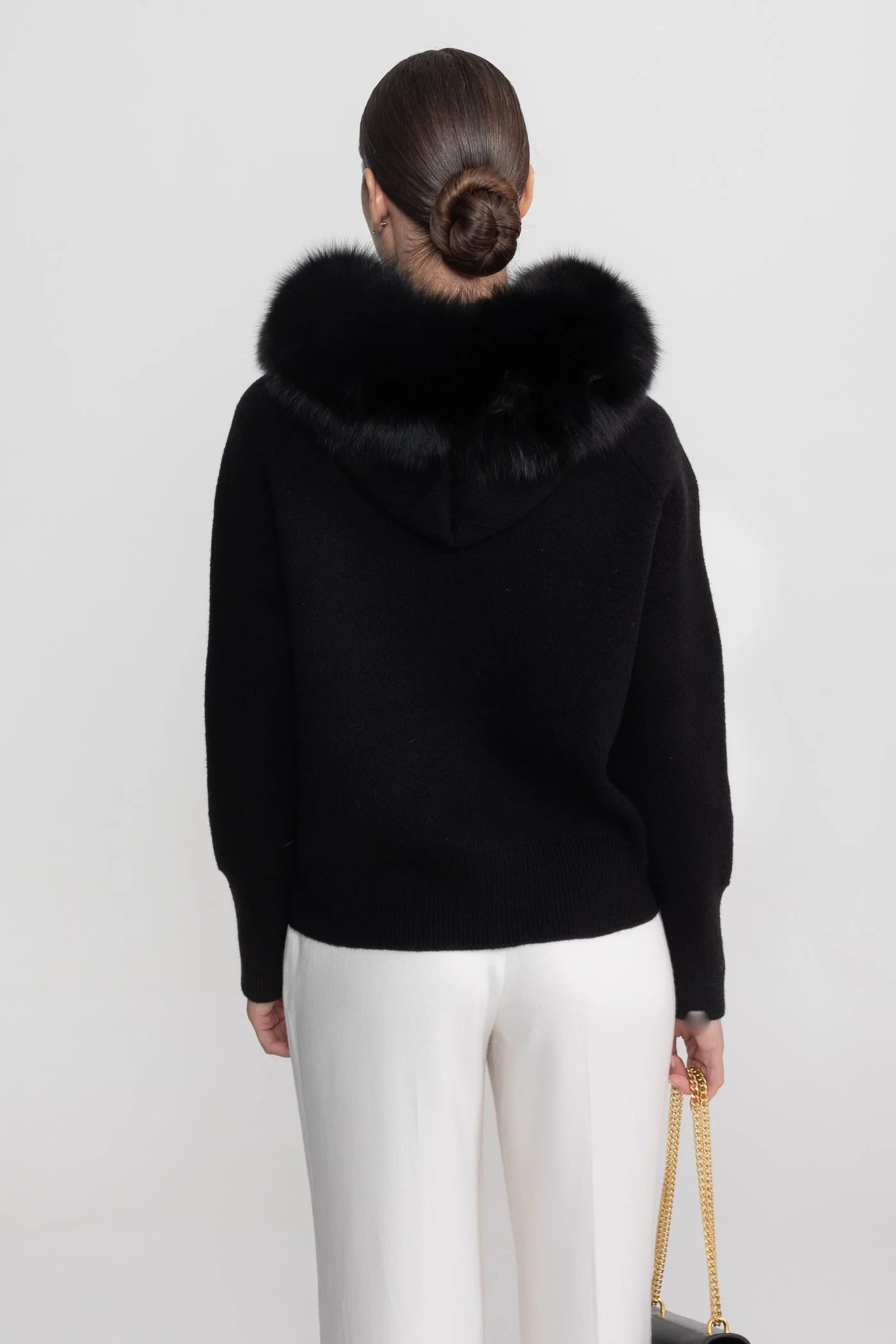 Zip-Up Wool Hoodie With Fox Fur Collar – Black - Image 5
