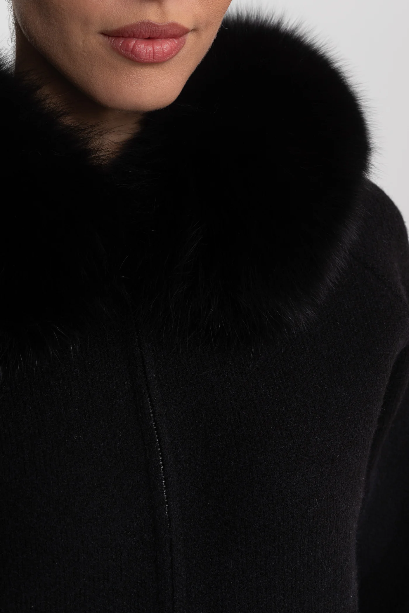 Zip-Up Wool Hoodie With Fox Fur Collar – Black - Image 6